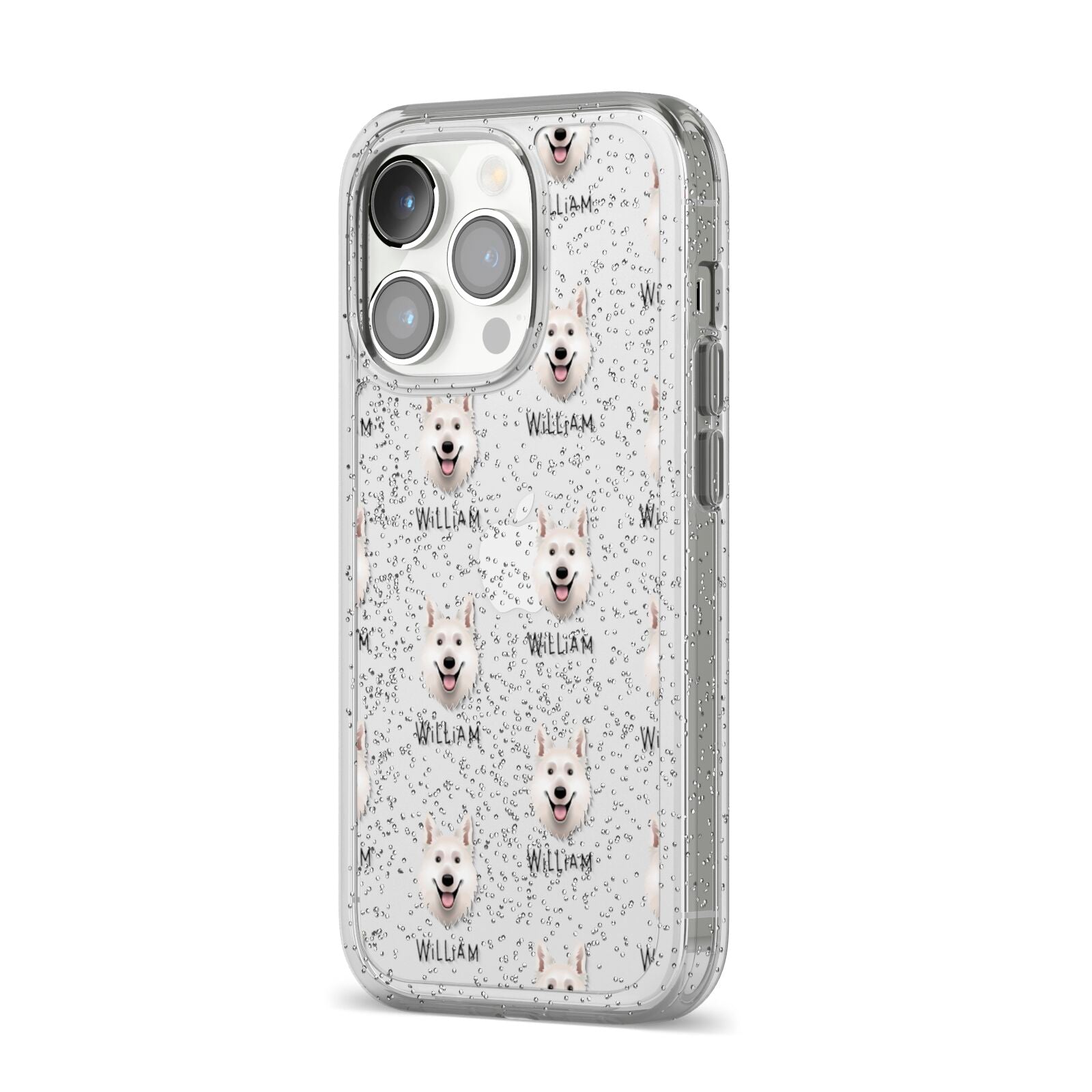 White Swiss Shepherd Dog Icon with Name iPhone 14 Pro Glitter Tough Case Silver Angled Image