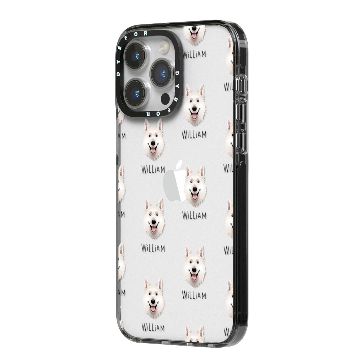 White Swiss Shepherd Dog Icon with Name iPhone 14 Pro Max Black Impact Case Side Angle on Silver phone