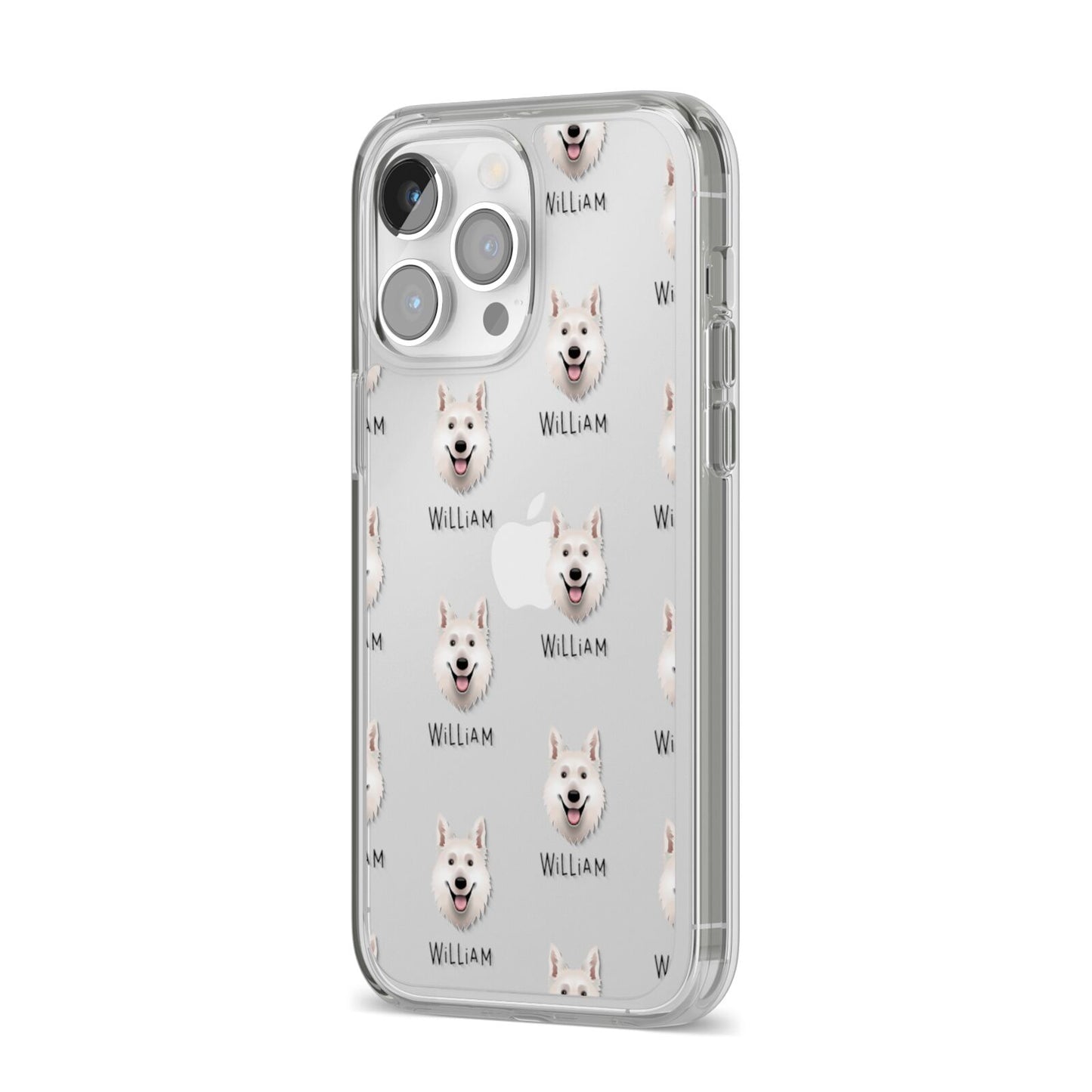 White Swiss Shepherd Dog Icon with Name iPhone 14 Pro Max Clear Tough Case Silver Angled Image