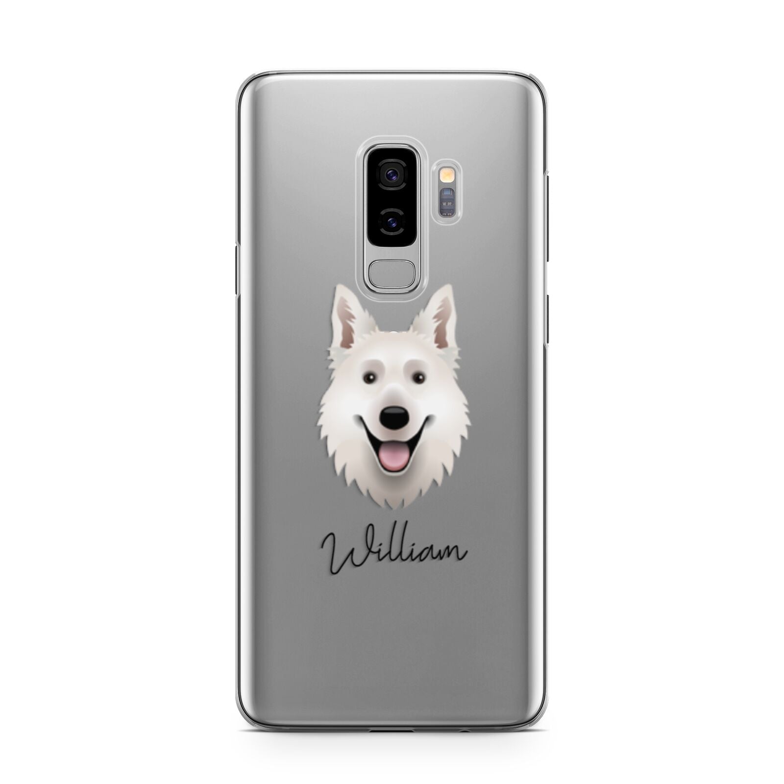 White Swiss Shepherd Dog Personalised Samsung Galaxy S9 Plus Case on Silver phone