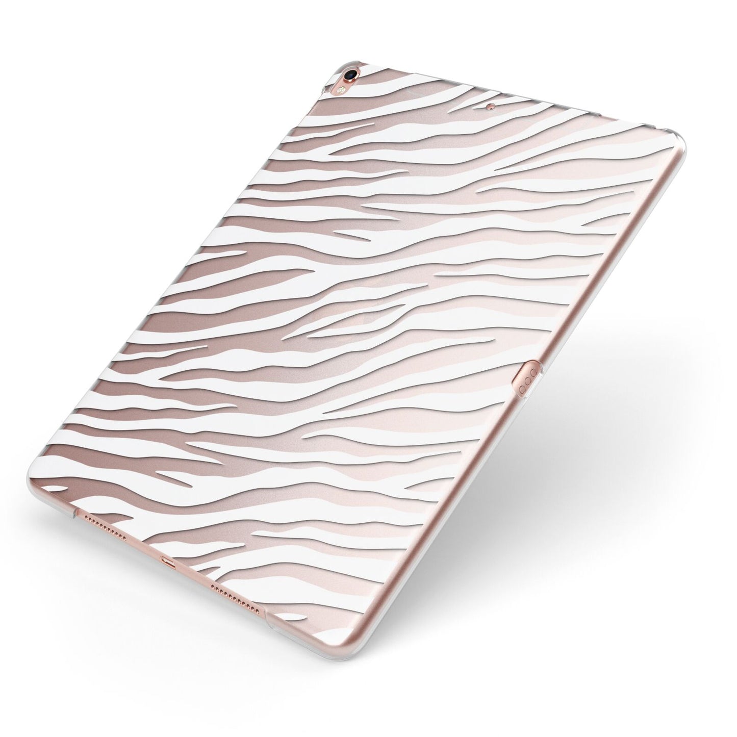 White Zebra Print Apple iPad Case on Rose Gold iPad Side View