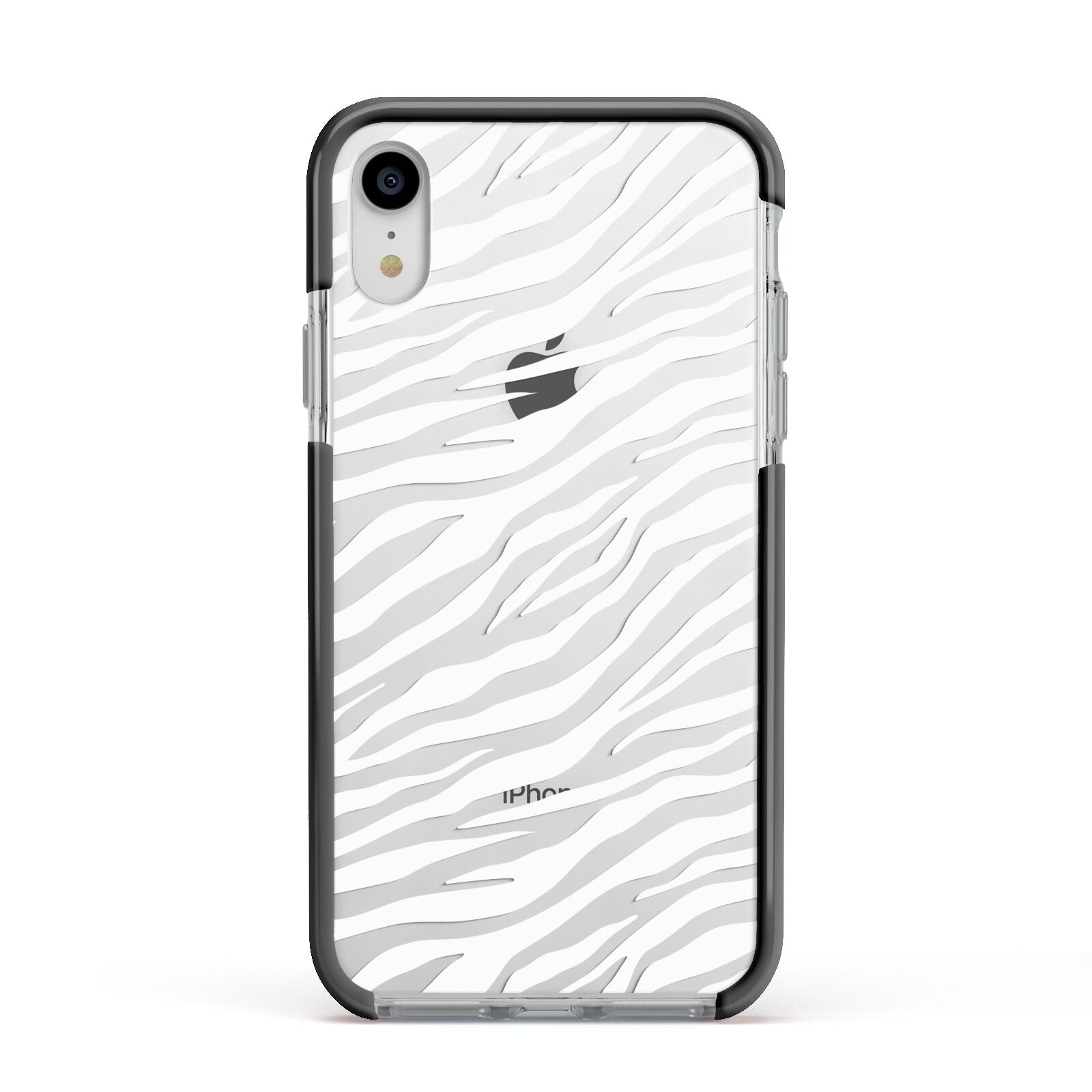 White Zebra Print Apple iPhone XR Impact Case Black Edge on Silver Phone