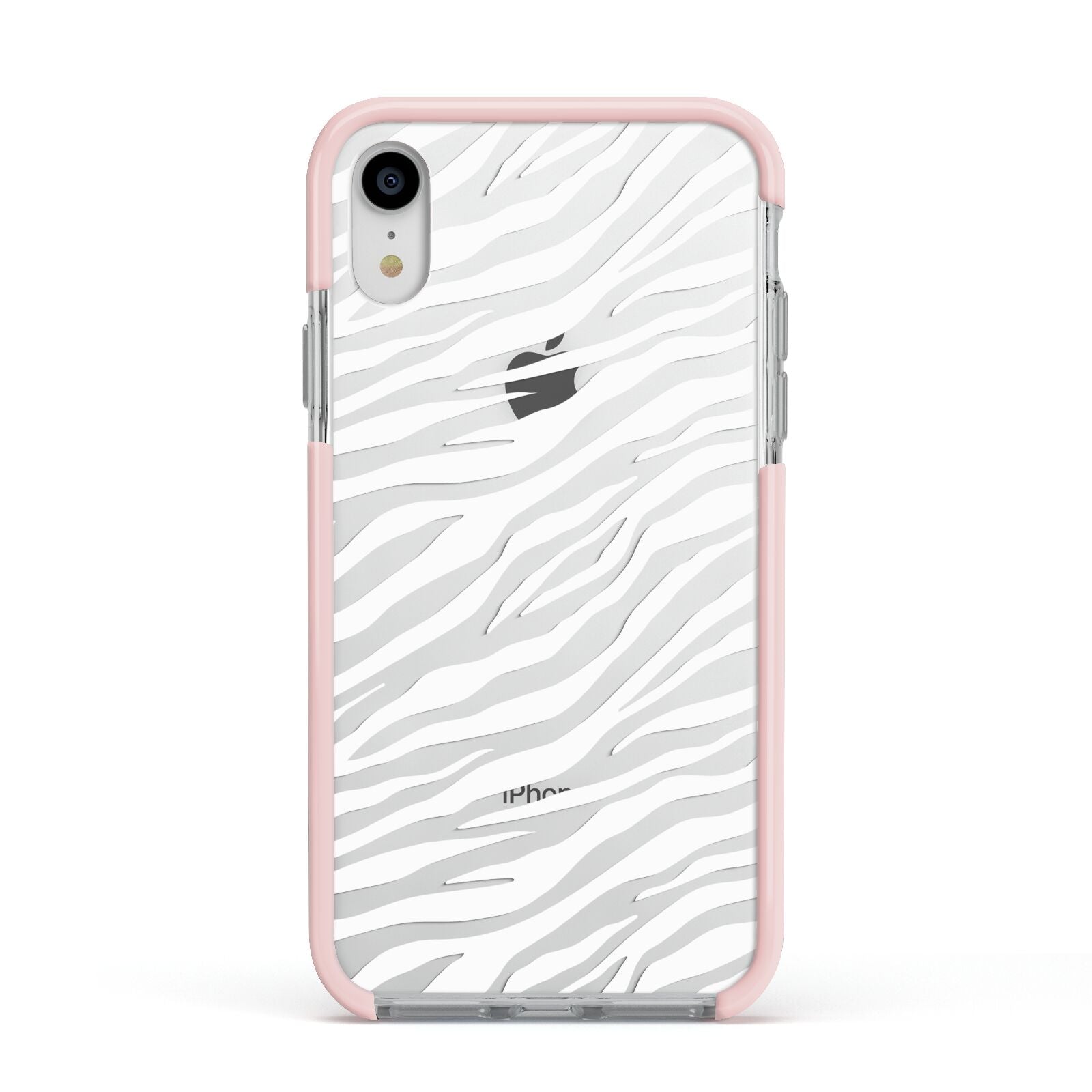 White Zebra Print Apple iPhone XR Impact Case Pink Edge on Silver Phone