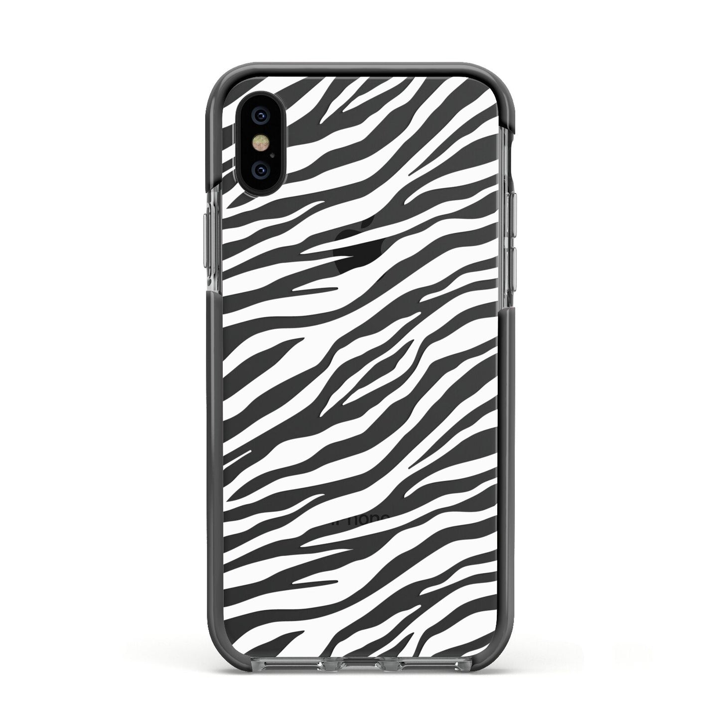 White Zebra Print Apple iPhone Xs Impact Case Black Edge on Black Phone