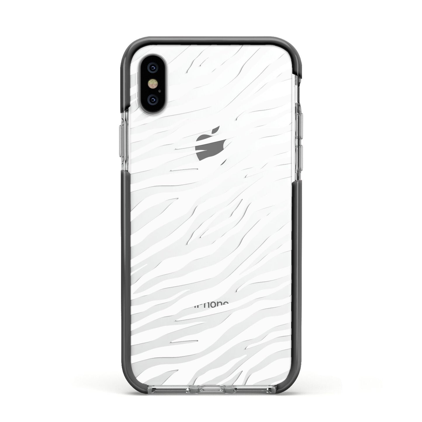 White Zebra Print Apple iPhone Xs Impact Case Black Edge on Silver Phone