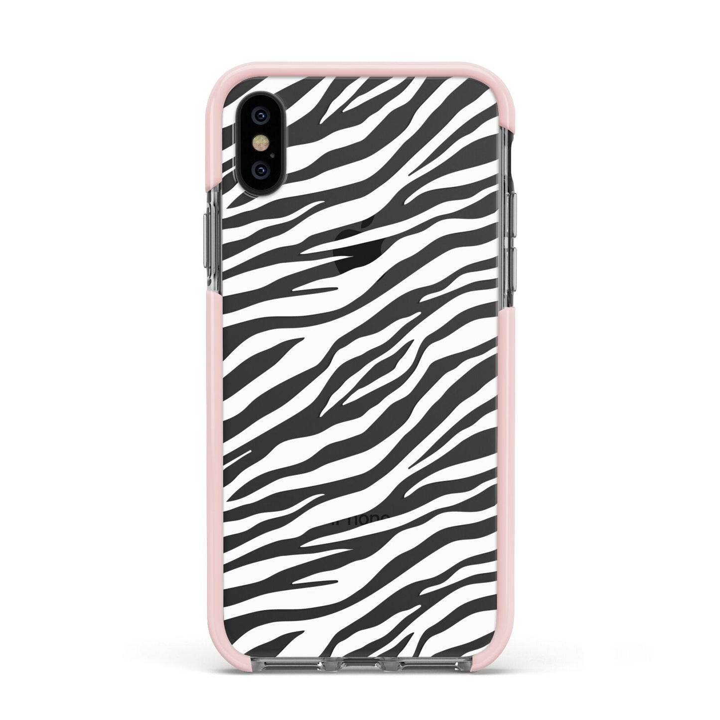 White Zebra Print Apple iPhone Xs Impact Case Pink Edge on Black Phone