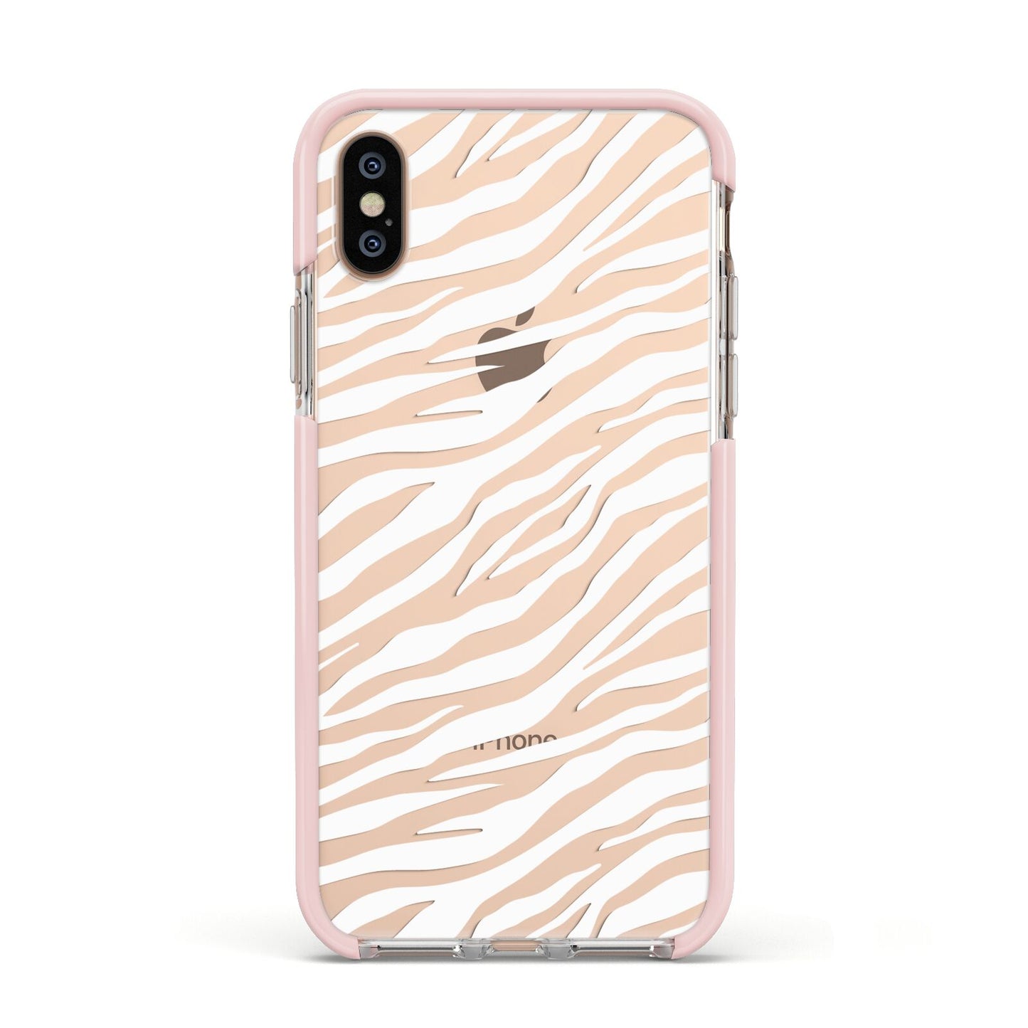 White Zebra Print Apple iPhone Xs Impact Case Pink Edge on Gold Phone