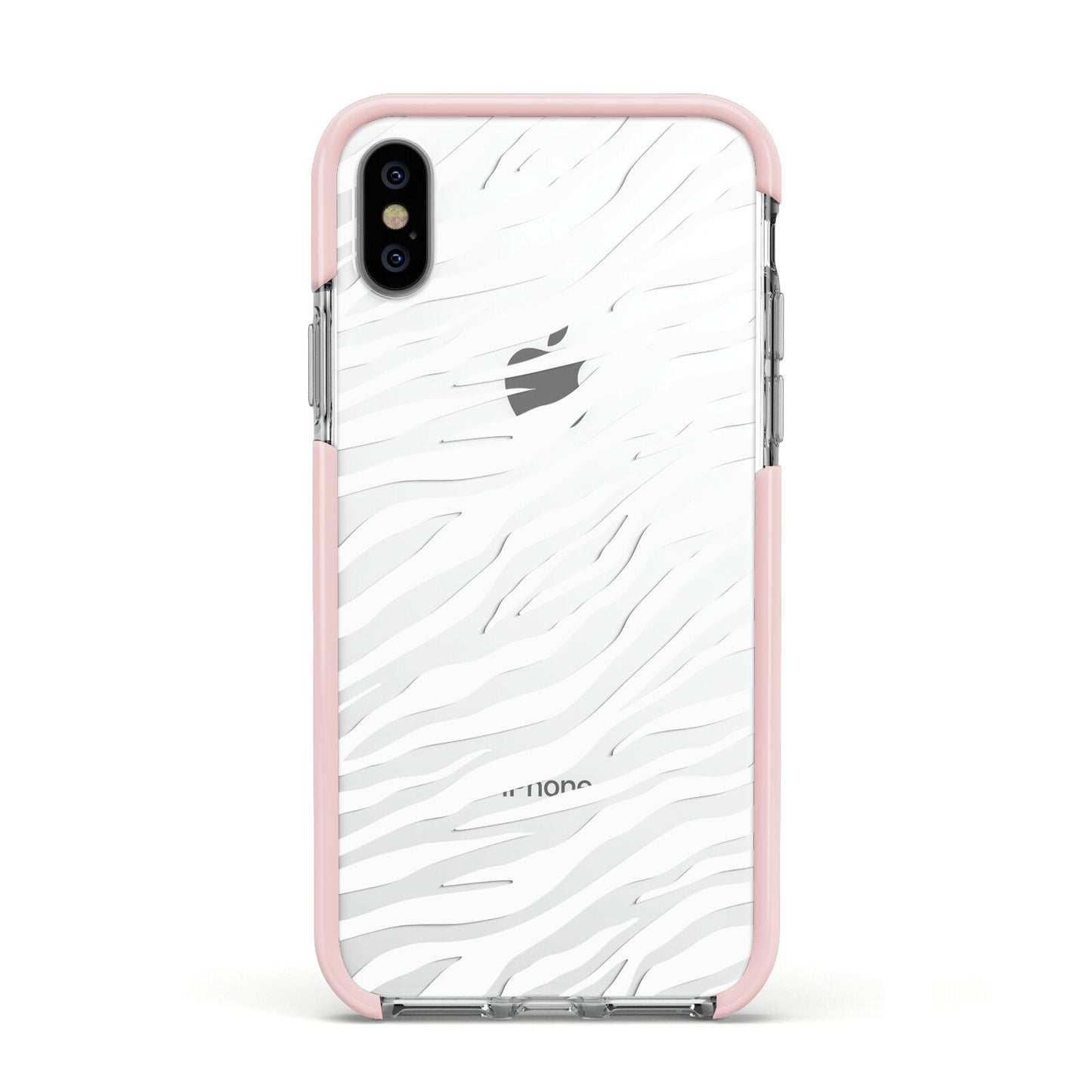 White Zebra Print Apple iPhone Xs Impact Case Pink Edge on Silver Phone