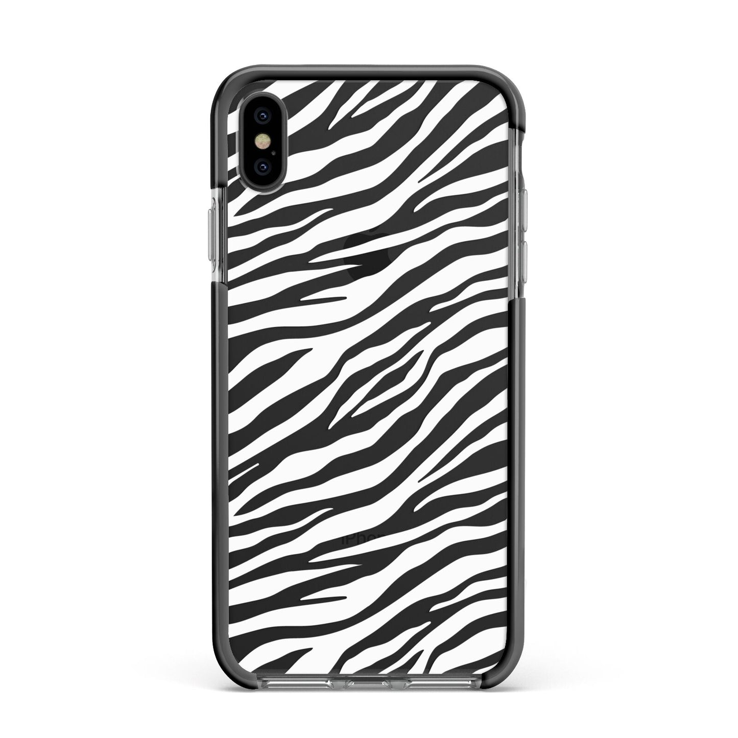 White Zebra Print Apple iPhone Xs Max Impact Case Black Edge on Black Phone