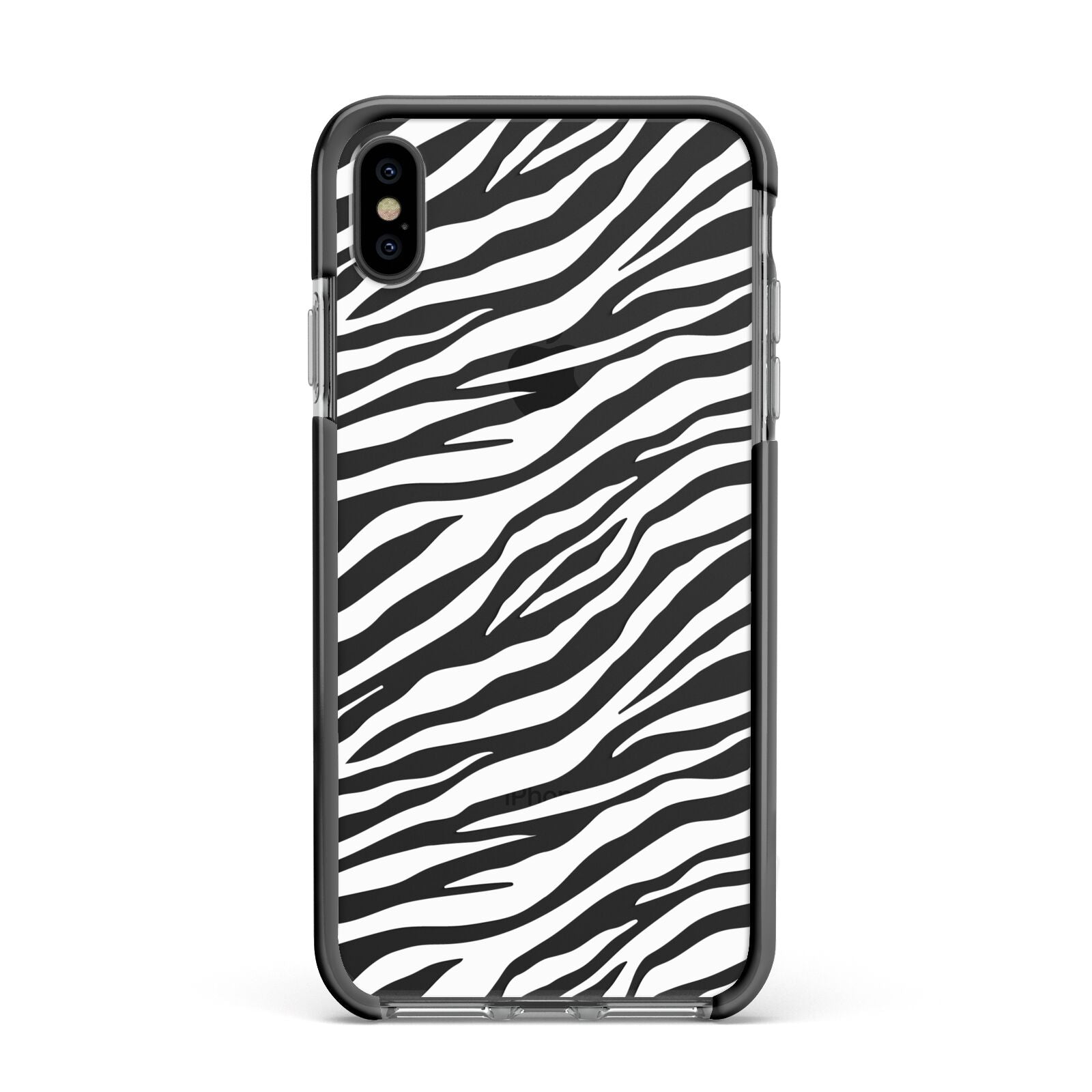 White Zebra Print Apple iPhone Xs Max Impact Case Black Edge on Black Phone