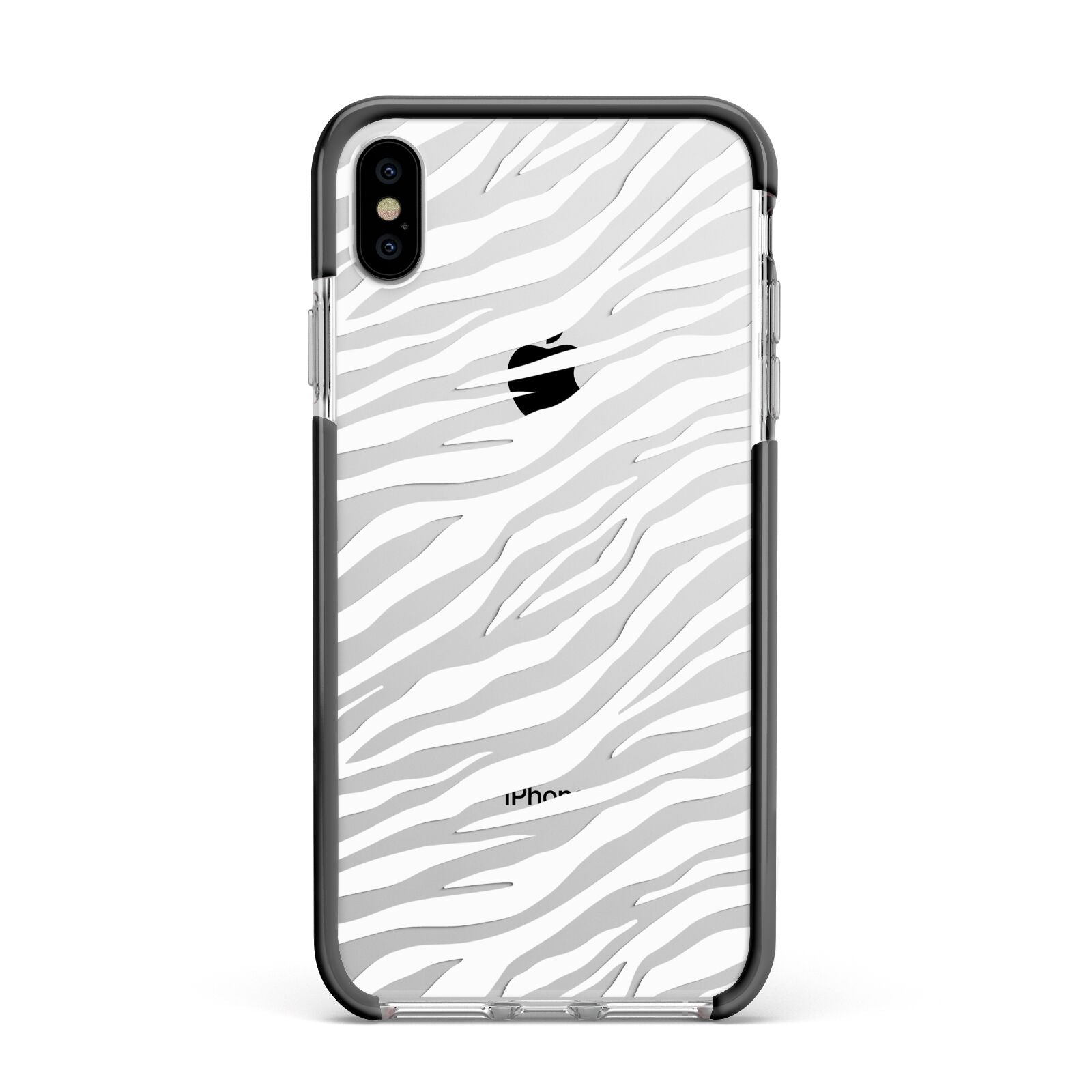 White Zebra Print Apple iPhone Xs Max Impact Case Black Edge on Silver Phone