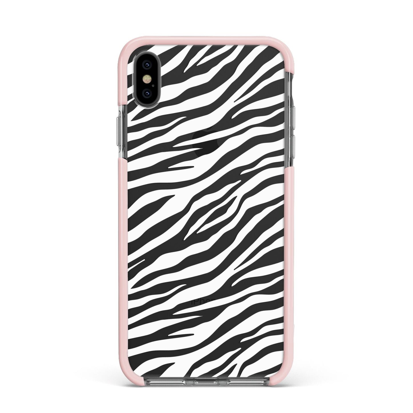 White Zebra Print Apple iPhone Xs Max Impact Case Pink Edge on Black Phone