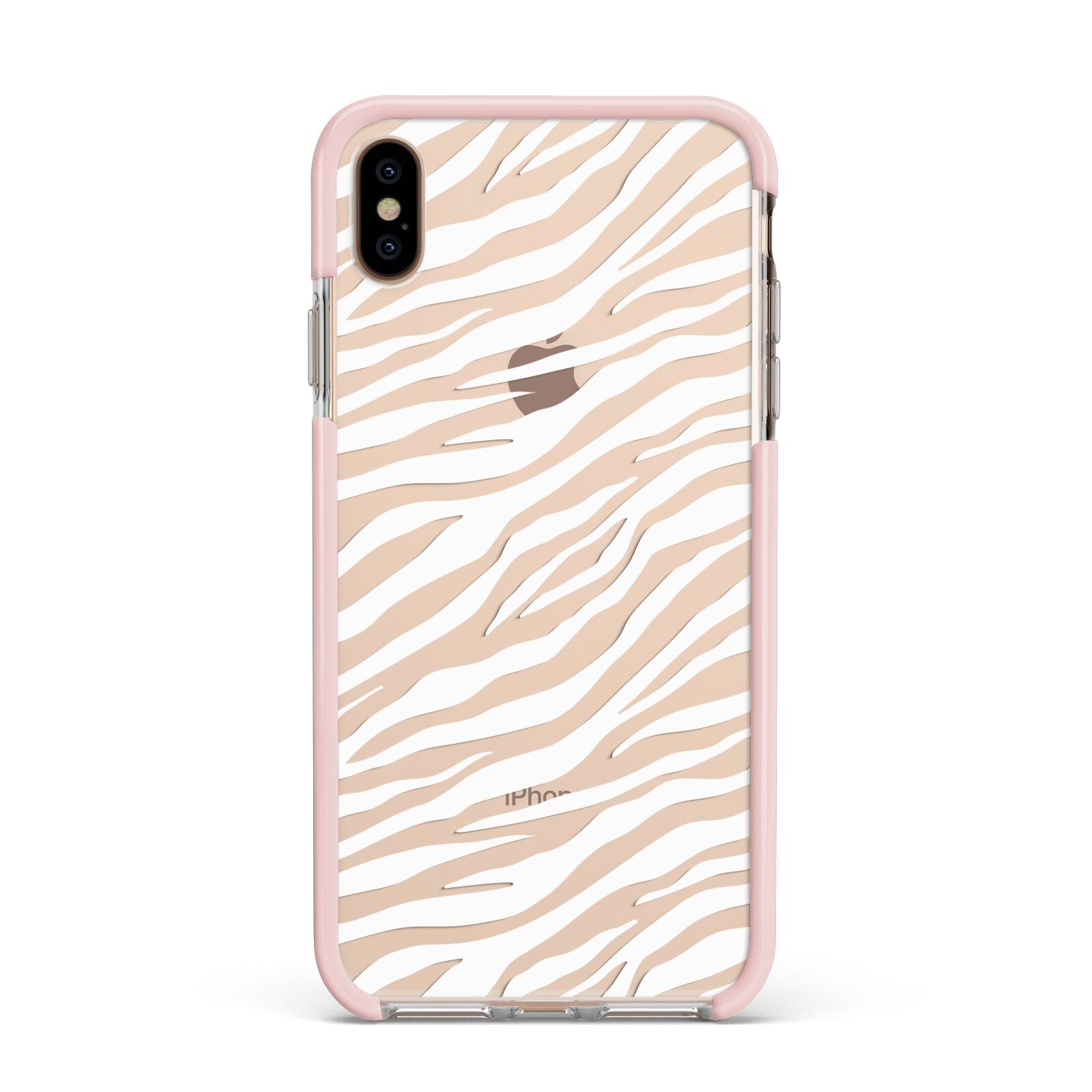 White Zebra Print Apple iPhone Xs Max Impact Case Pink Edge on Gold Phone