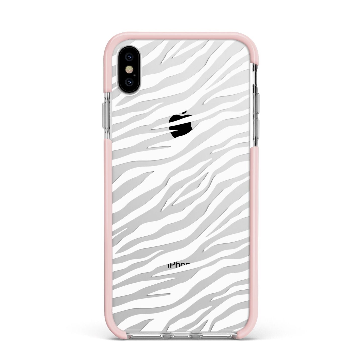 White Zebra Print Apple iPhone Xs Max Impact Case Pink Edge on Silver Phone