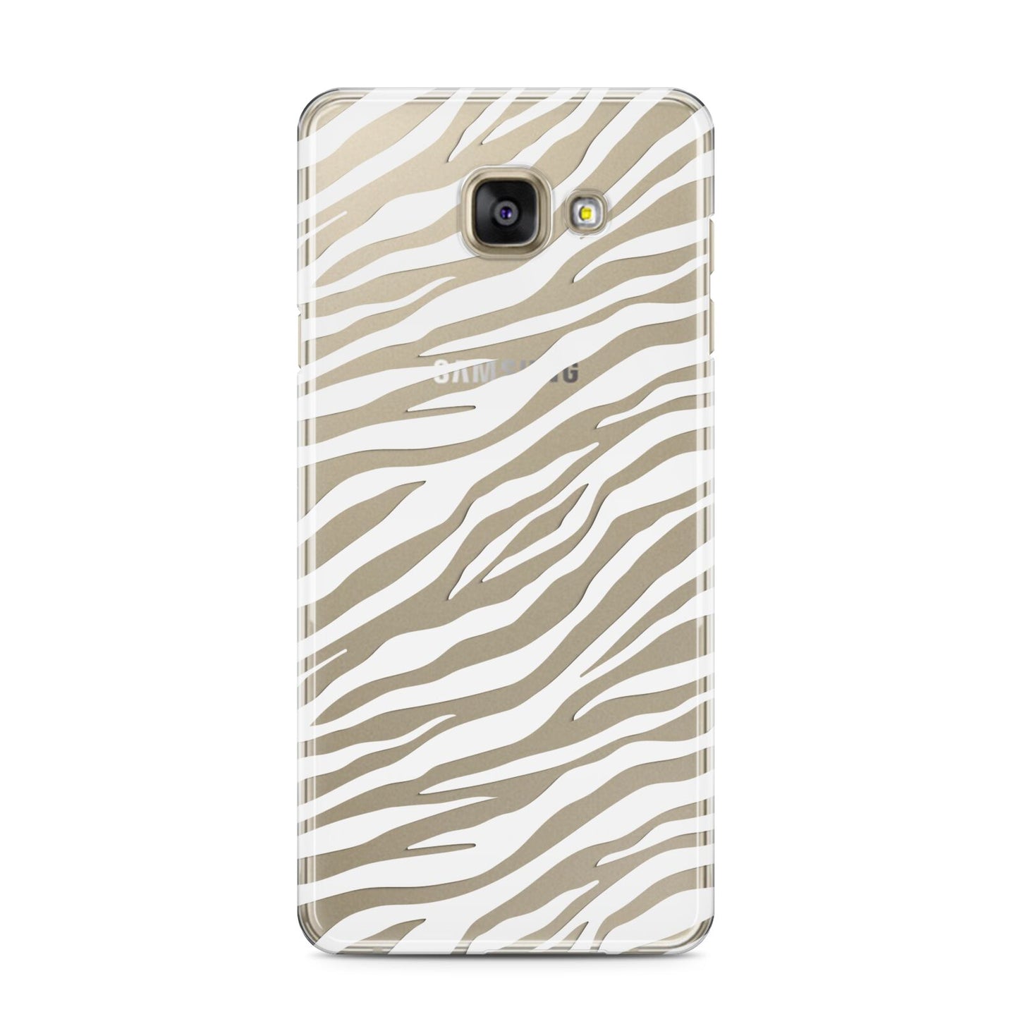 White Zebra Print Samsung Galaxy A3 2016 Case on gold phone