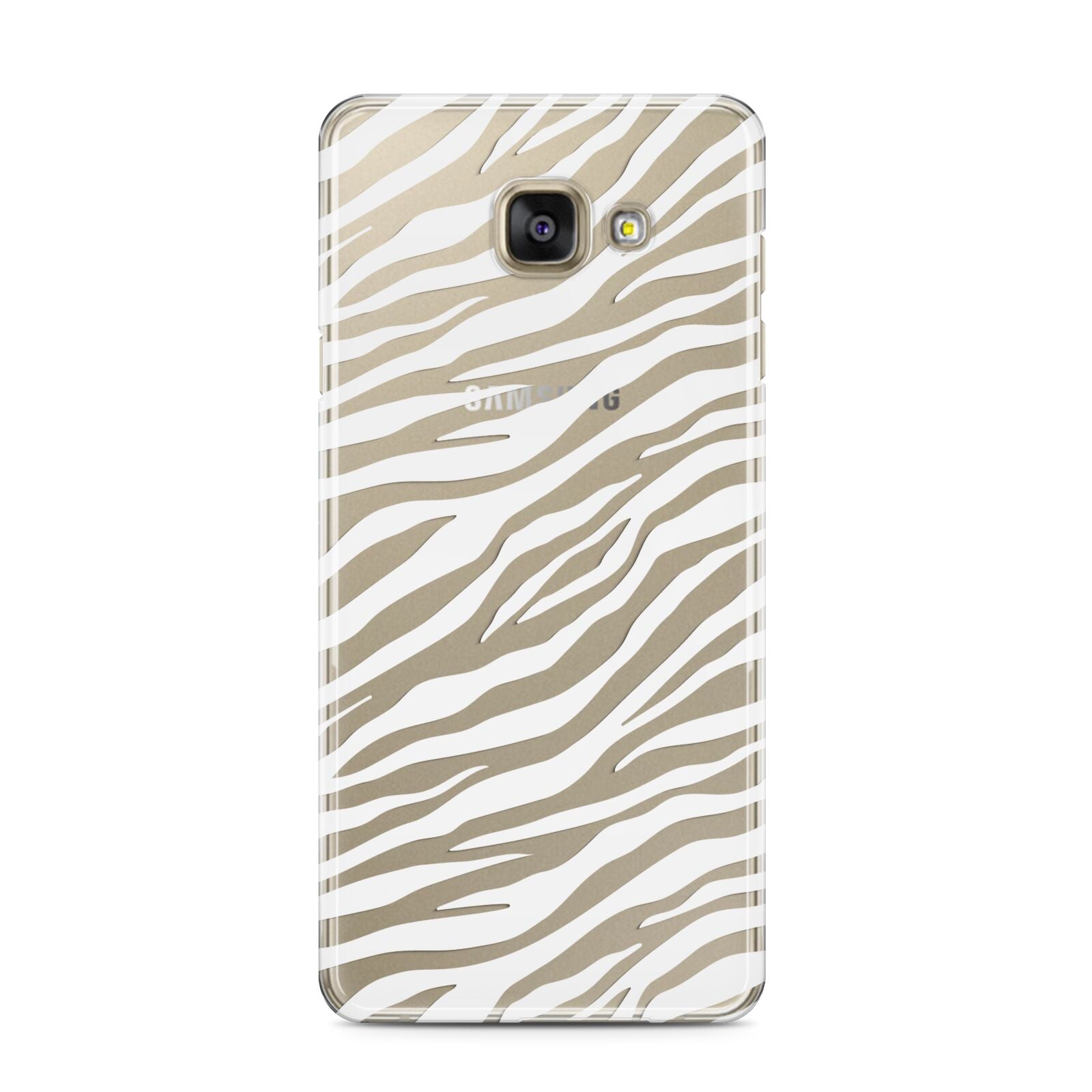 White Zebra Print Samsung Galaxy A3 2016 Case on gold phone