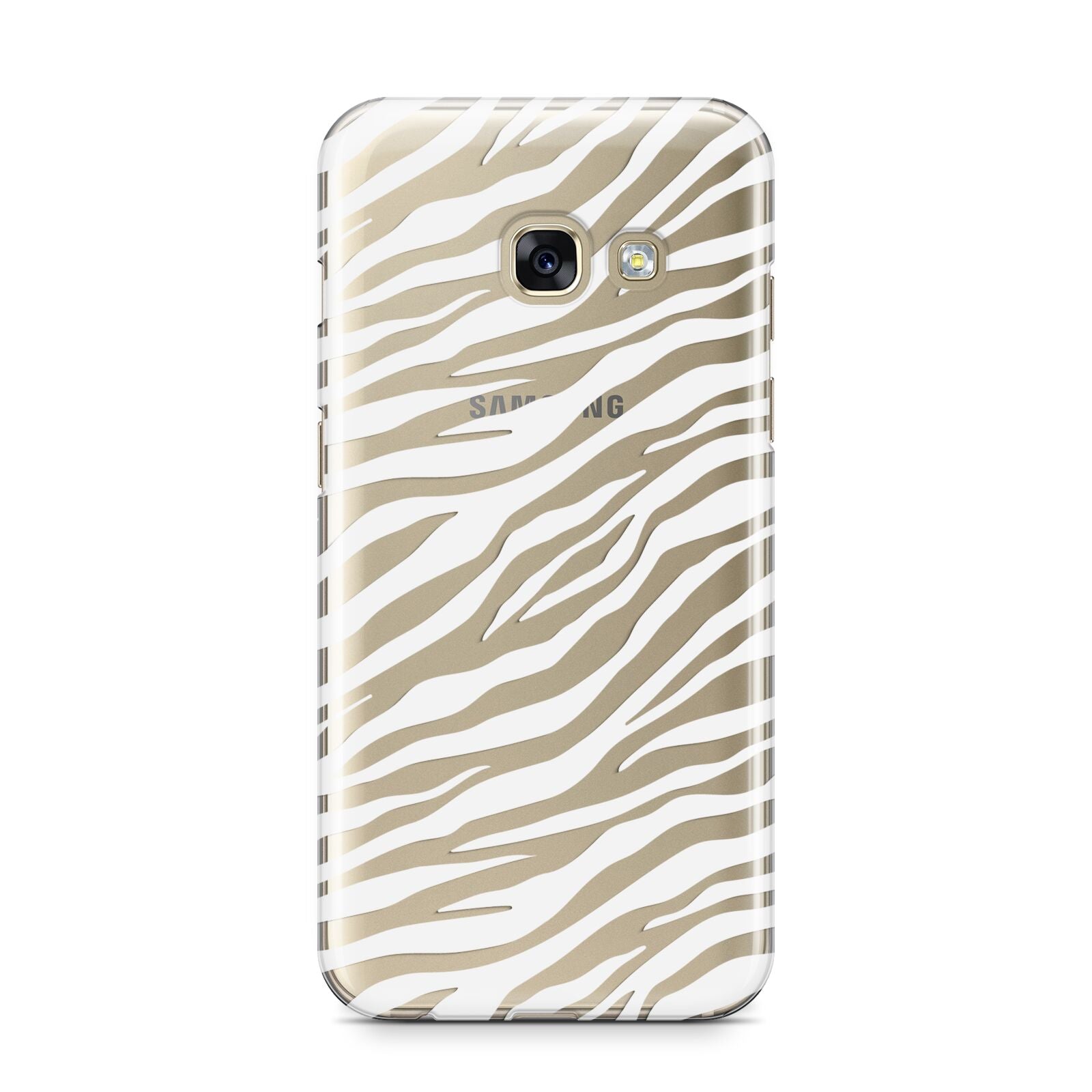 White Zebra Print Samsung Galaxy A3 2017 Case on gold phone