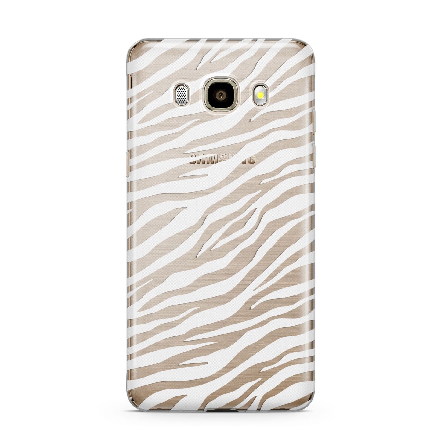 White Zebra Print Samsung Galaxy J7 2016 Case on gold phone