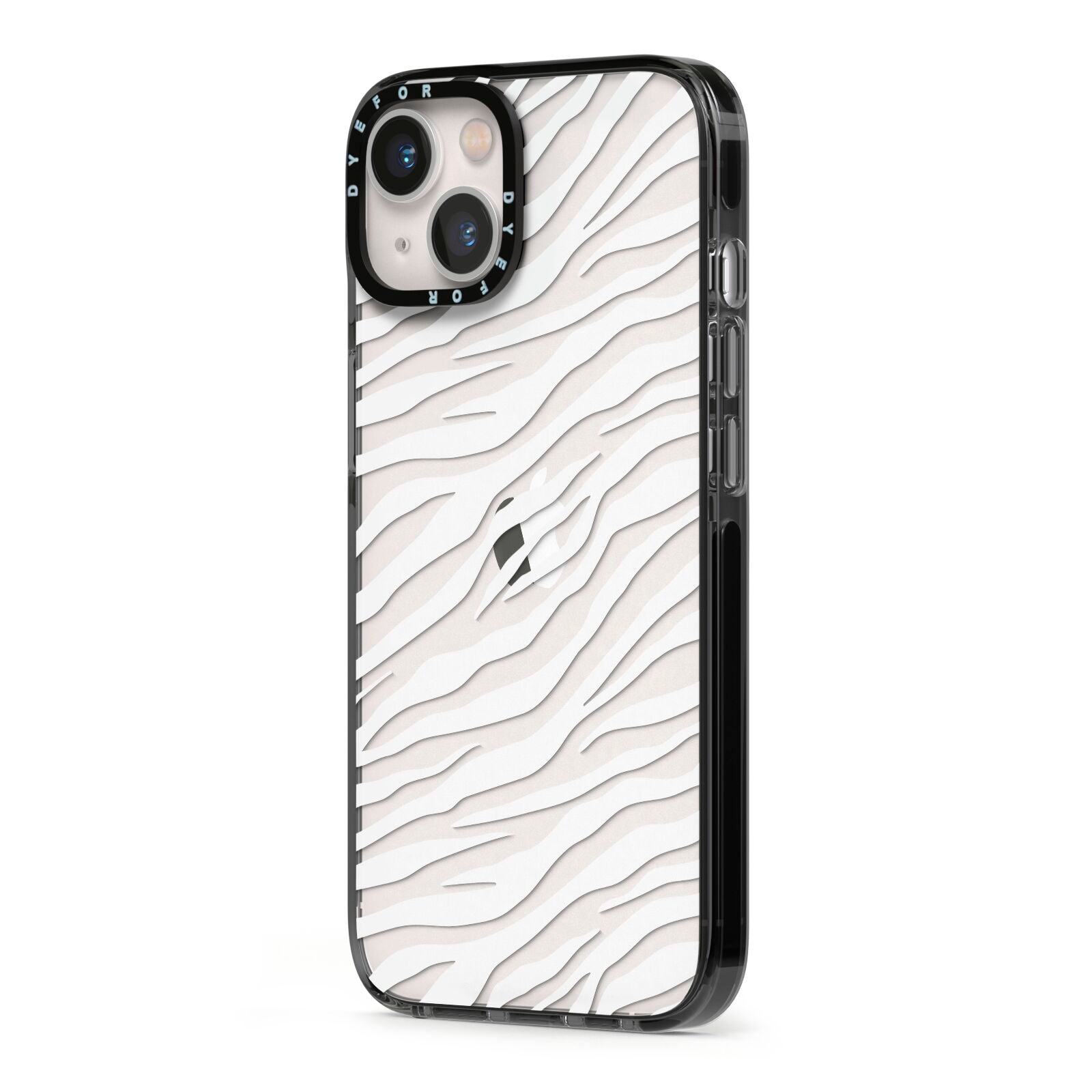 White Zebra Print iPhone 13 Black Impact Case Side Angle on Silver phone