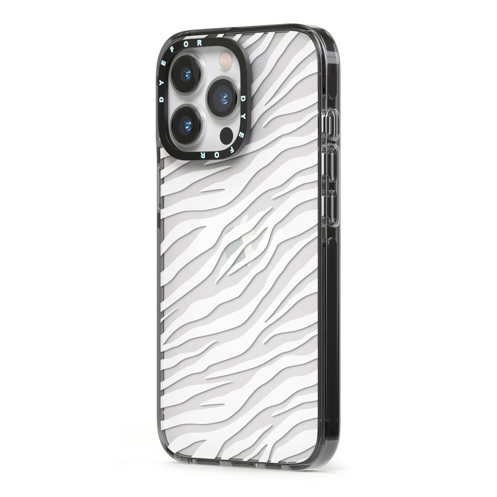 White Zebra Print iPhone 13 Pro Black Impact Case Side Angle on Silver phone