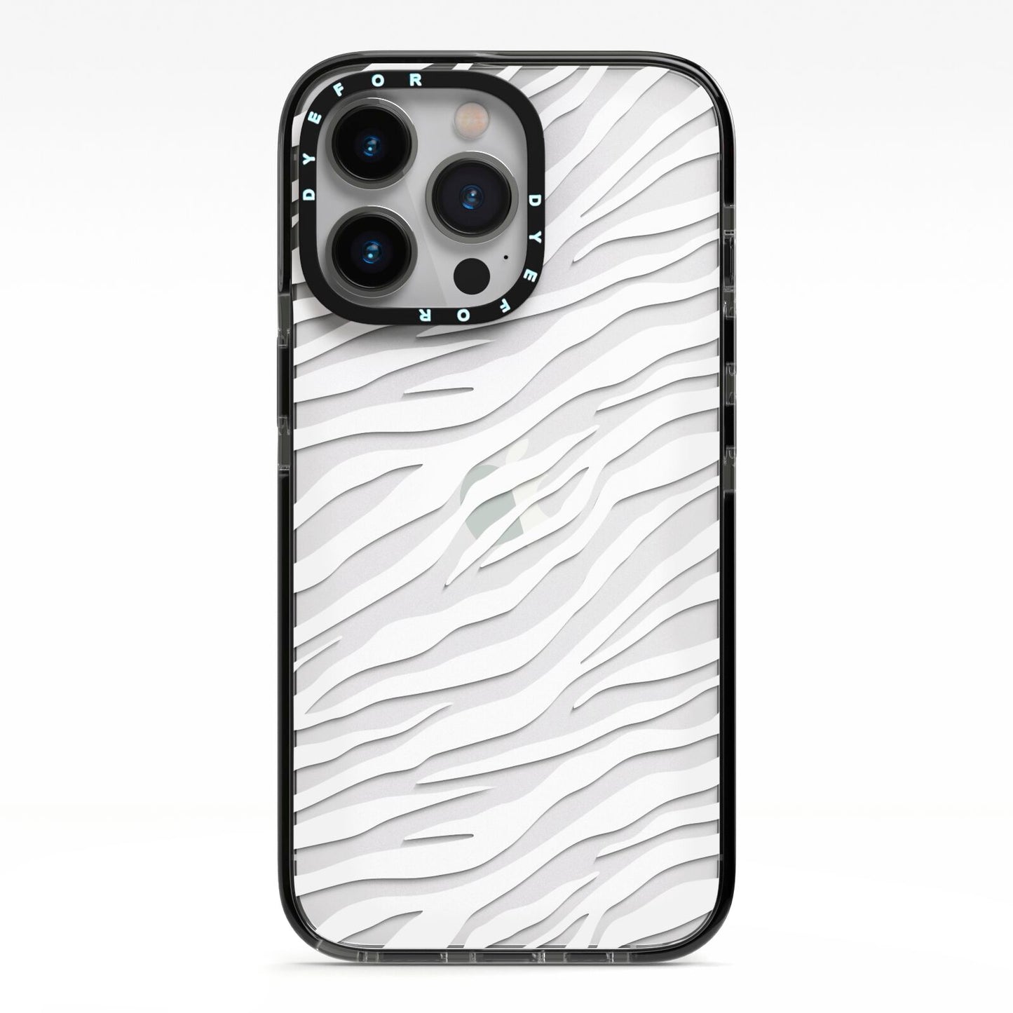 White Zebra Print iPhone 13 Pro Black Impact Case on Silver phone