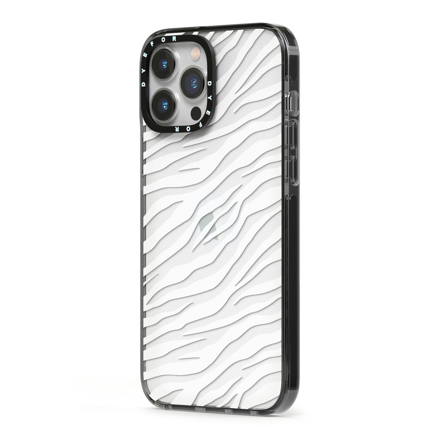 White Zebra Print iPhone 13 Pro Max Black Impact Case Side Angle on Silver phone