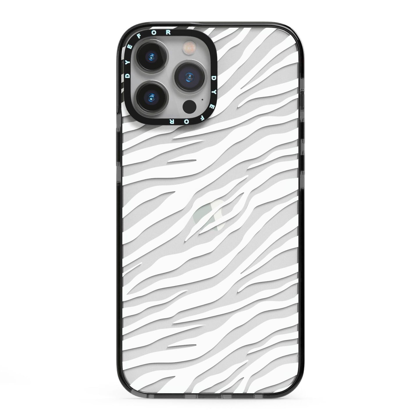 White Zebra Print iPhone 13 Pro Max Black Impact Case on Silver phone