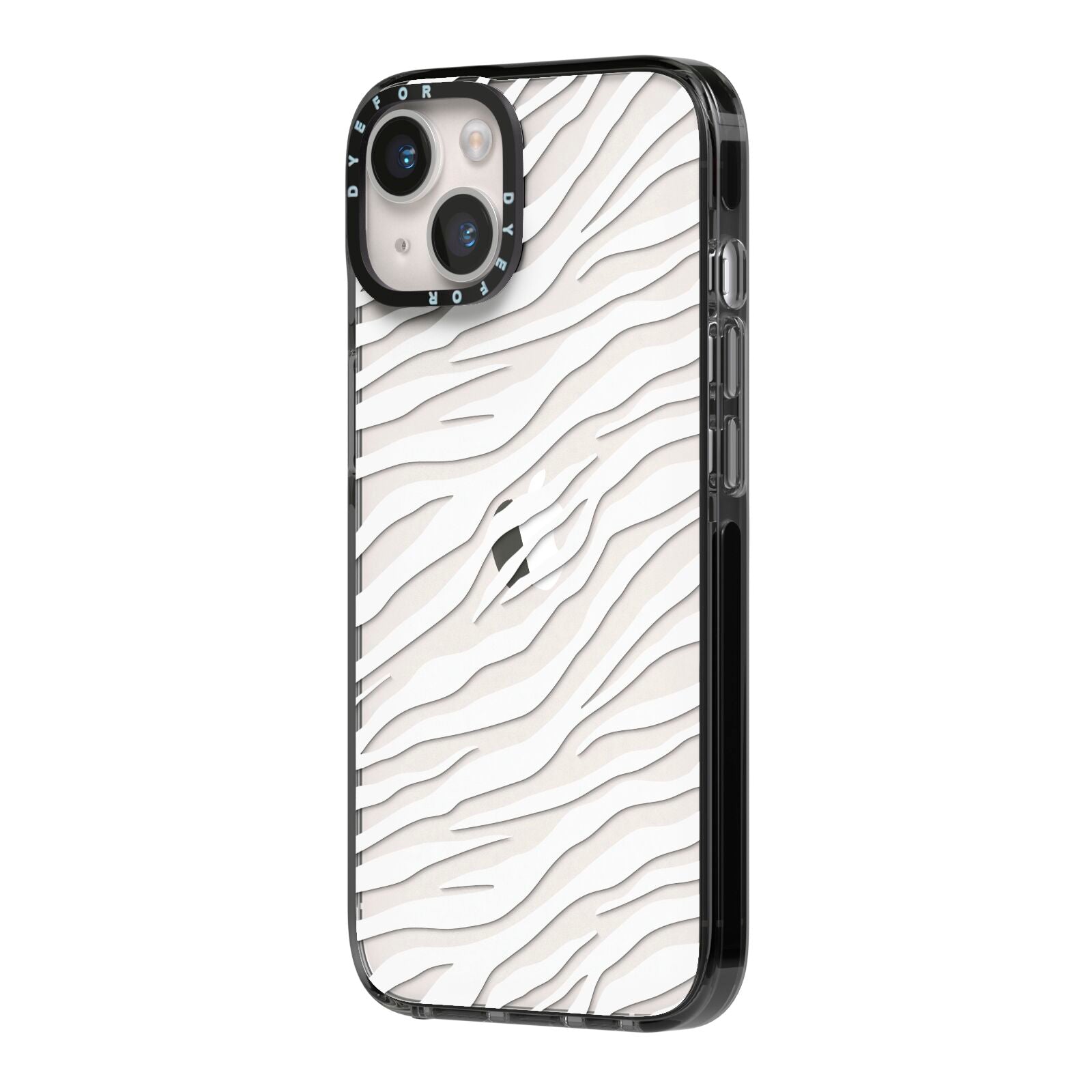 White Zebra Print iPhone 14 Black Impact Case Side Angle on Silver phone