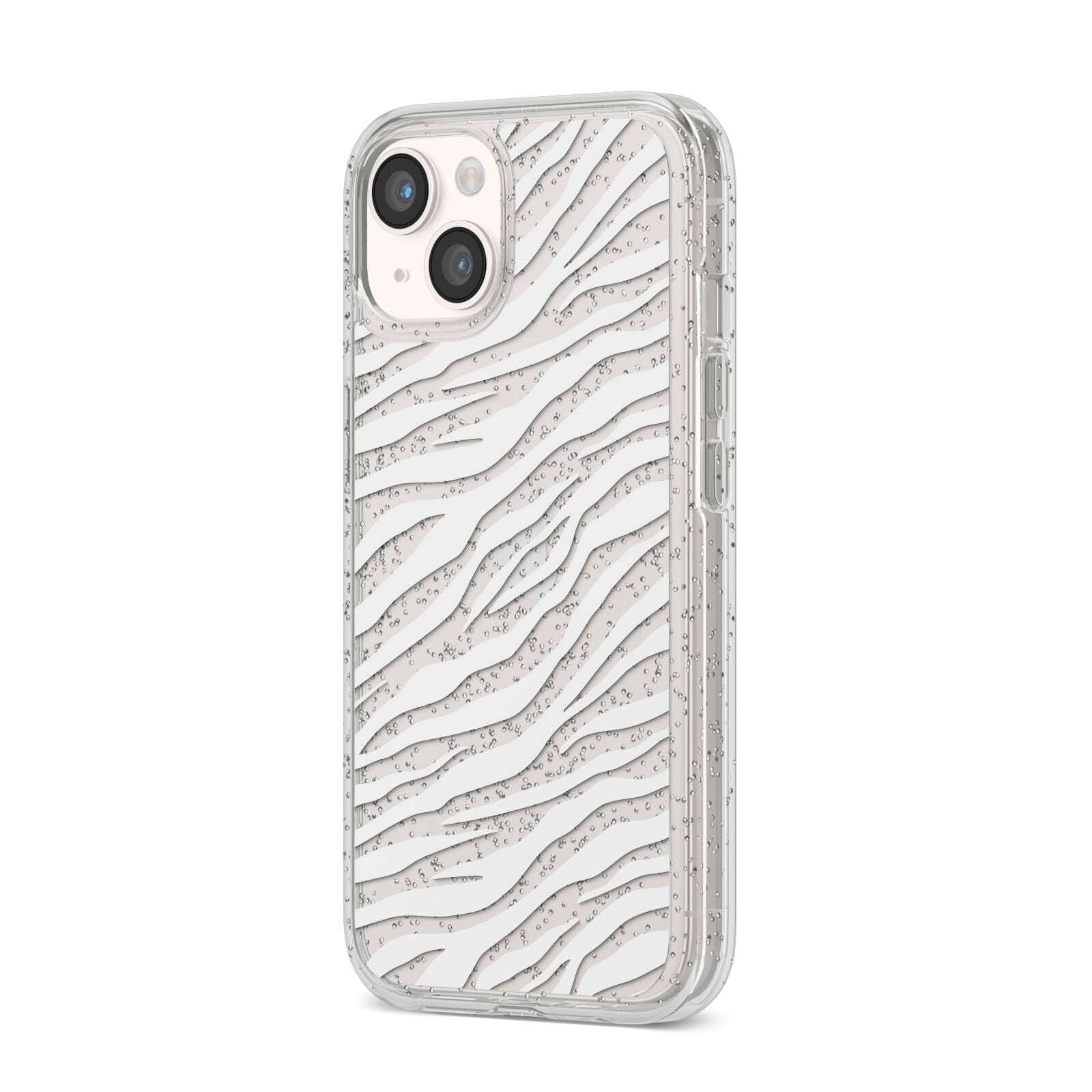 White Zebra Print iPhone 14 Glitter Tough Case Starlight Angled Image