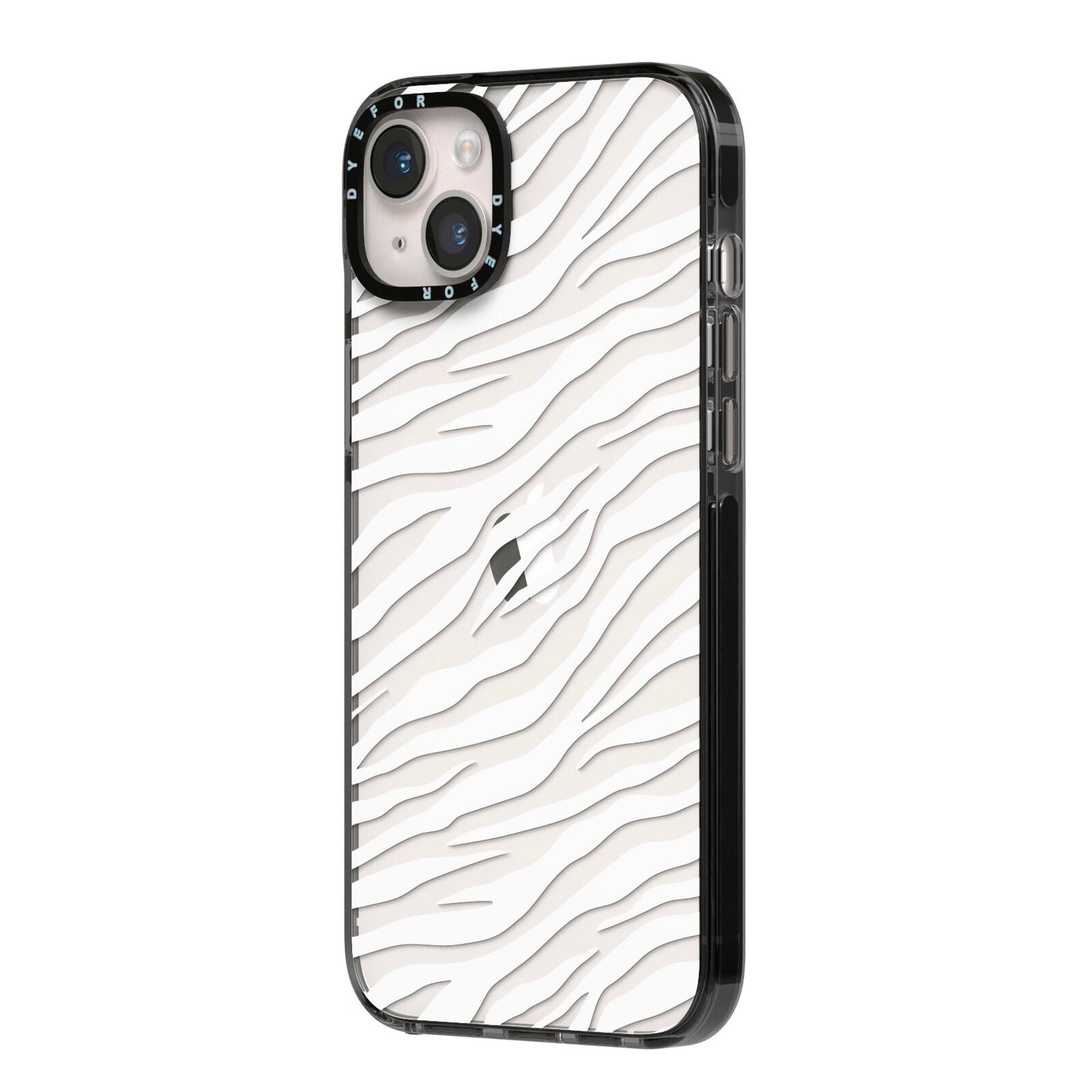 White Zebra Print iPhone 14 Plus Black Impact Case Side Angle on Silver phone