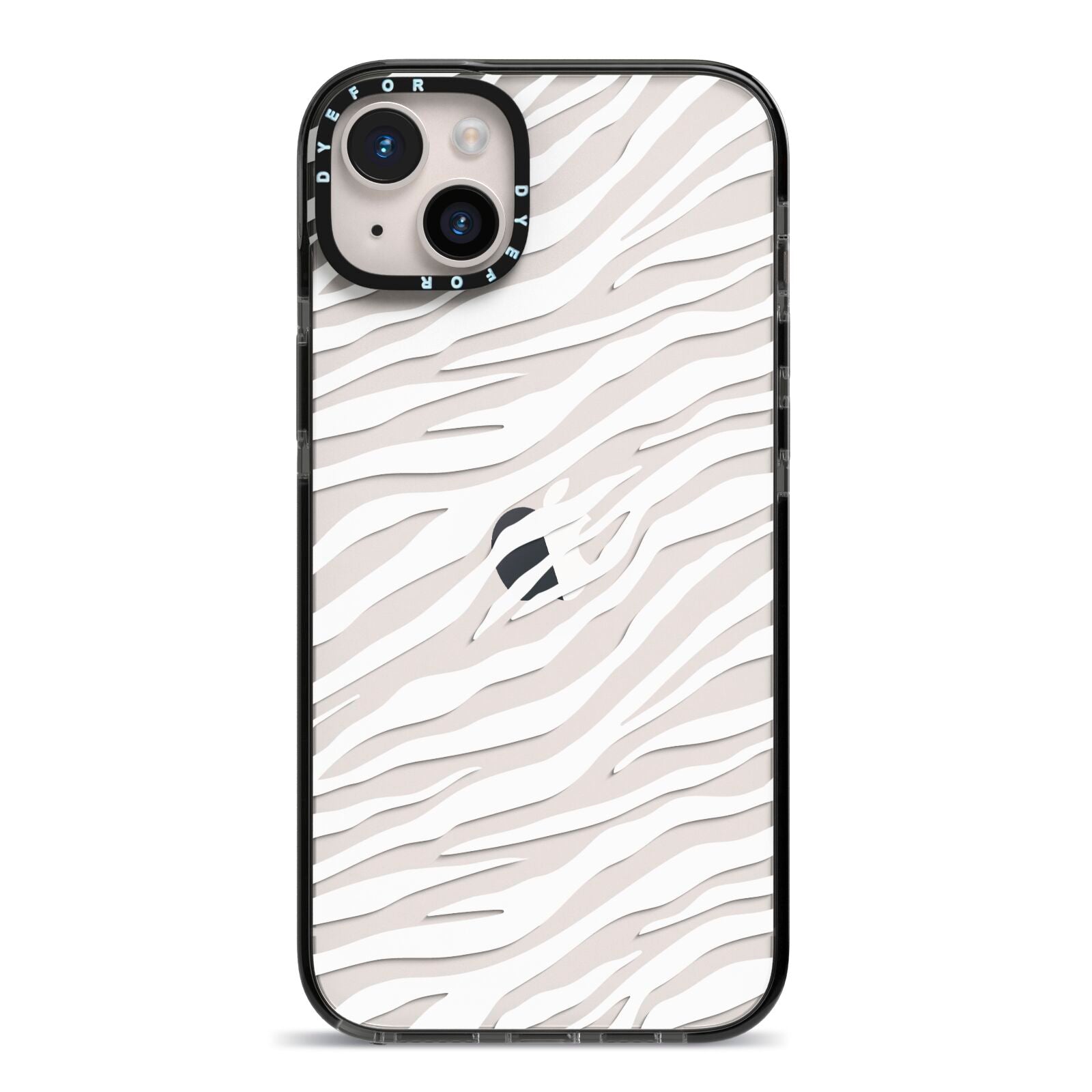 White Zebra Print iPhone 14 Plus Black Impact Case on Silver phone