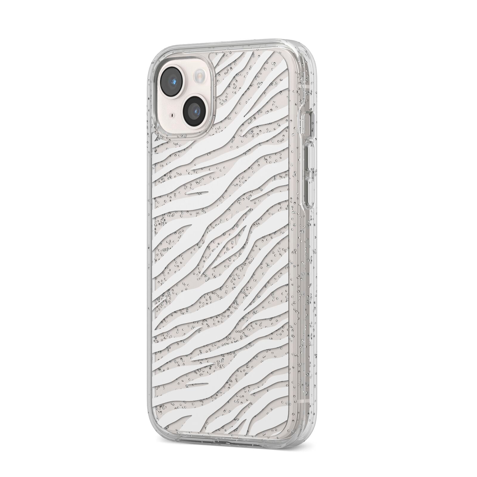 White Zebra Print iPhone 14 Plus Glitter Tough Case Starlight Angled Image