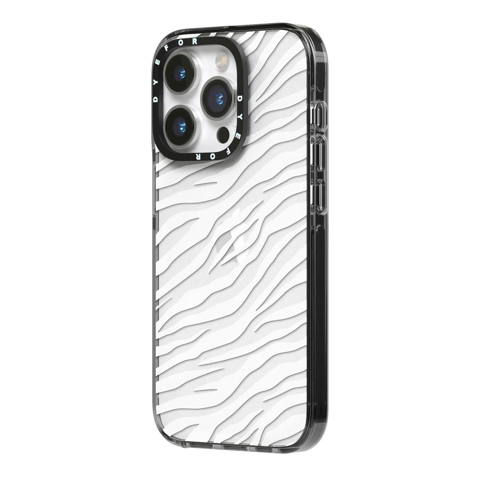 White Zebra Print iPhone 14 Pro Black Impact Case Side Angle on Silver phone