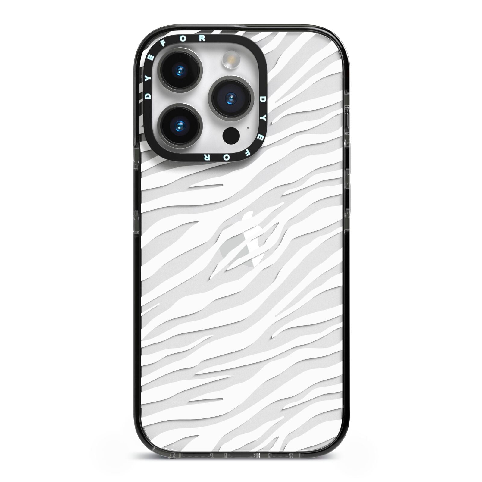 White Zebra Print iPhone 14 Pro Black Impact Case on Silver phone