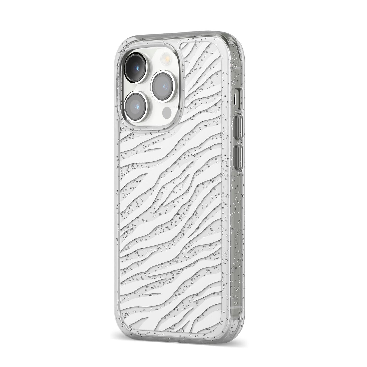 White Zebra Print iPhone 14 Pro Glitter Tough Case Silver Angled Image