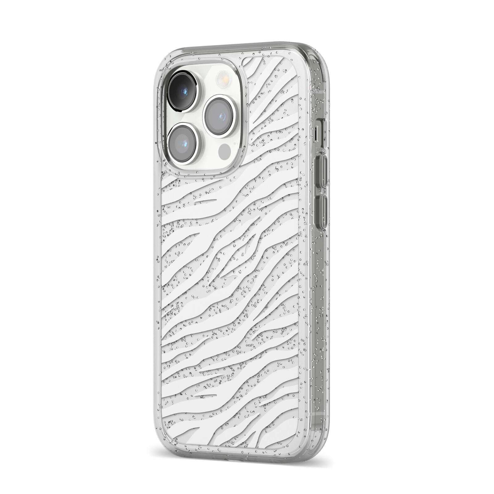 White Zebra Print iPhone 14 Pro Glitter Tough Case Silver Angled Image