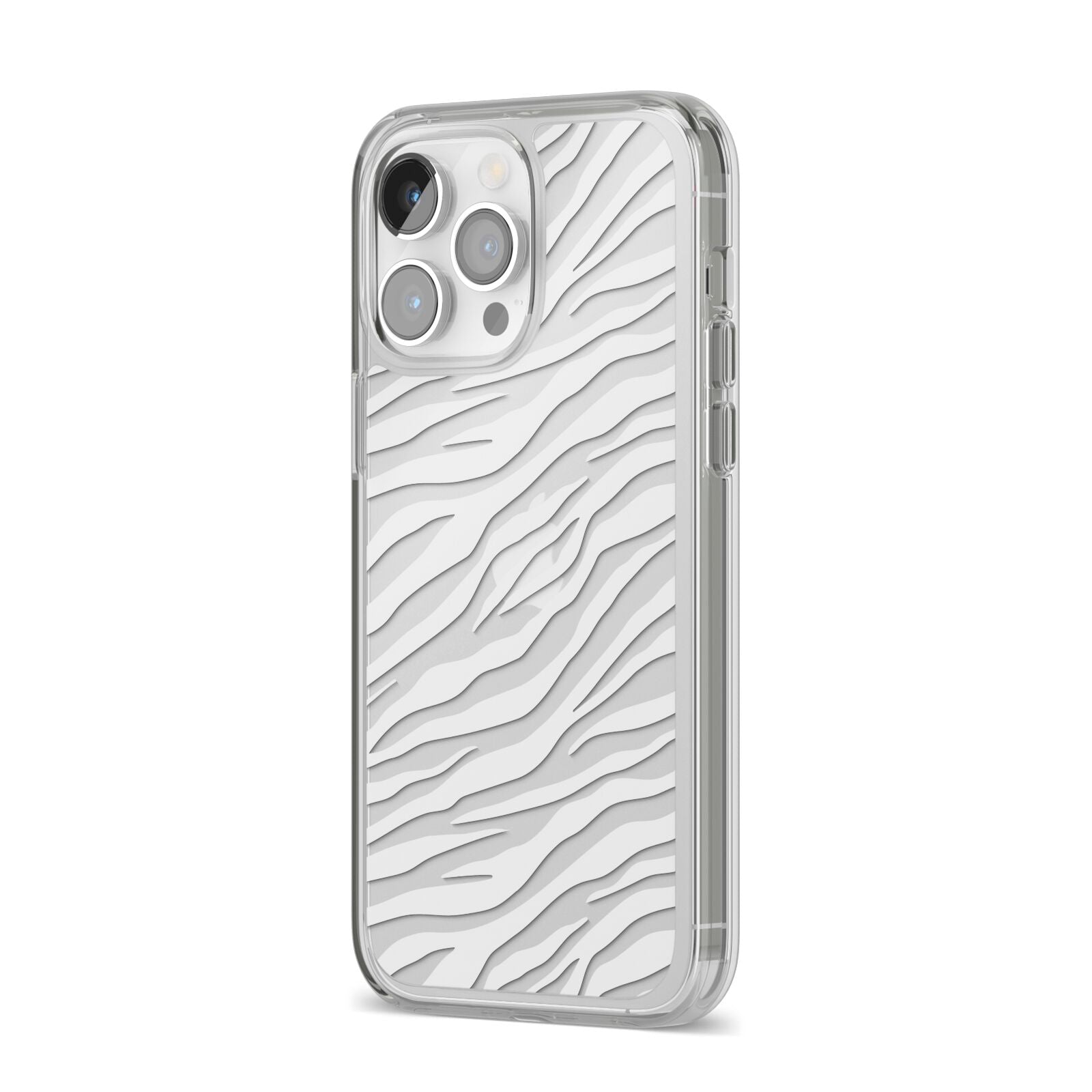 White Zebra Print iPhone 14 Pro Max Clear Tough Case Silver Angled Image