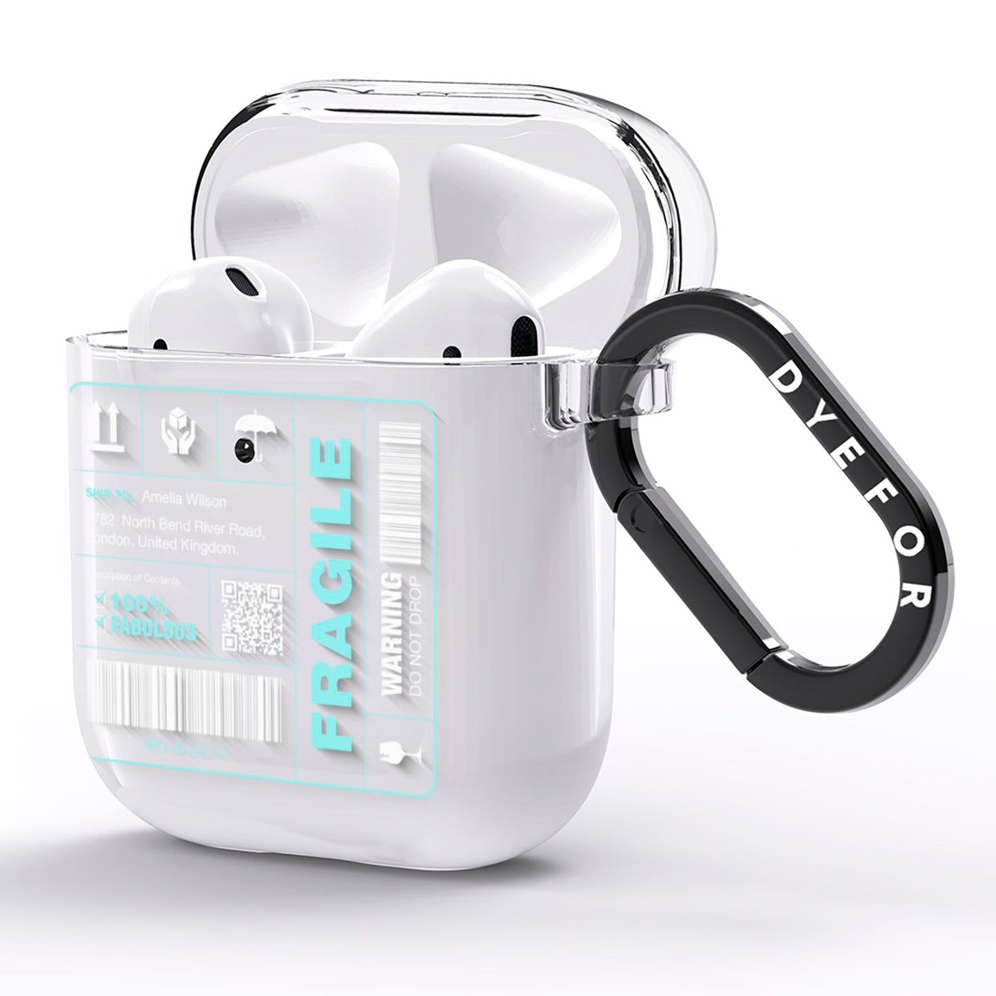 White and Blue Parcel Label with Name AirPods Clear Case Side Image