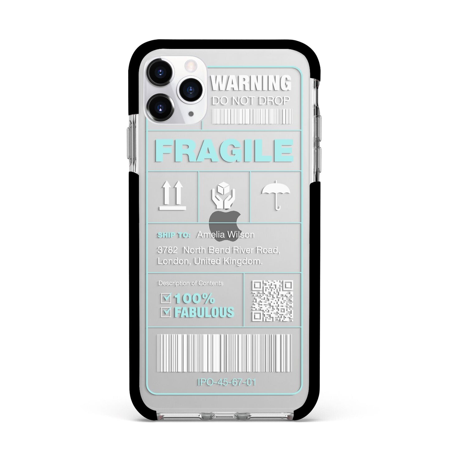 White and Blue Parcel Label with Name Apple iPhone 11 Pro Max in Silver with Black Impact Case