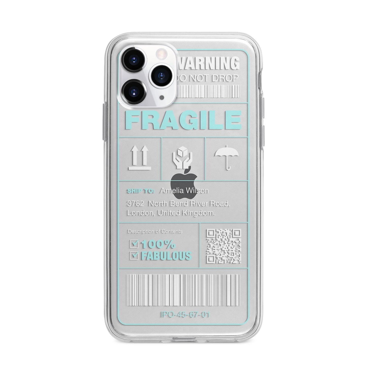 White and Blue Parcel Label with Name Apple iPhone 11 Pro Max in Silver with Bumper Case