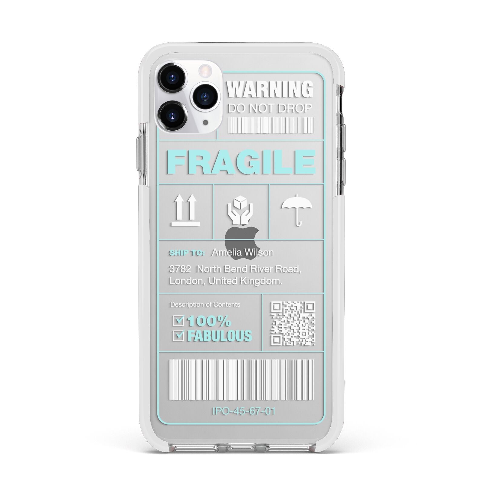 White and Blue Parcel Label with Name Apple iPhone 11 Pro Max in Silver with White Impact Case