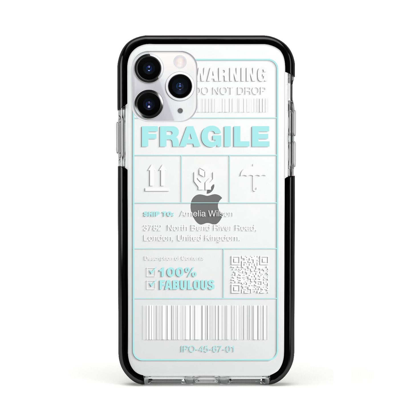 White and Blue Parcel Label with Name Apple iPhone 11 Pro in Silver with Black Impact Case