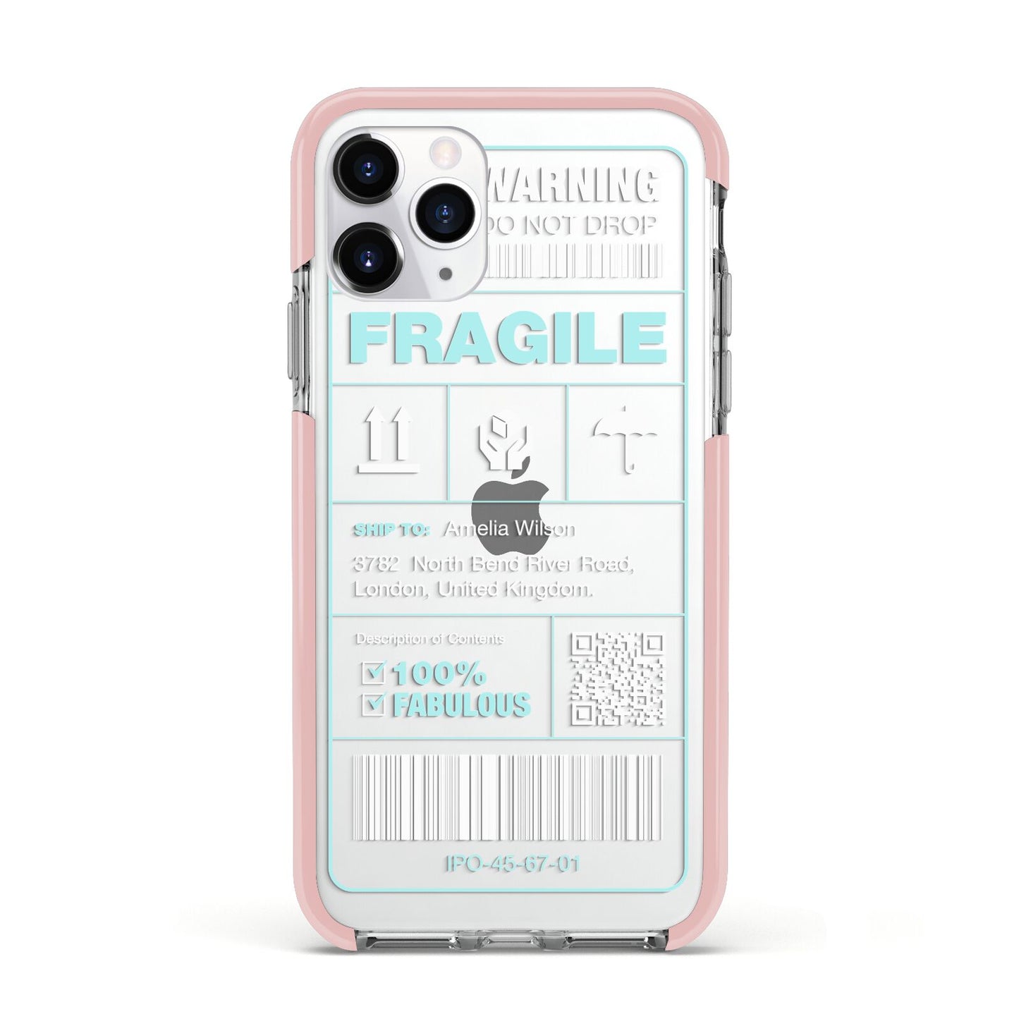 White and Blue Parcel Label with Name Apple iPhone 11 Pro in Silver with Pink Impact Case