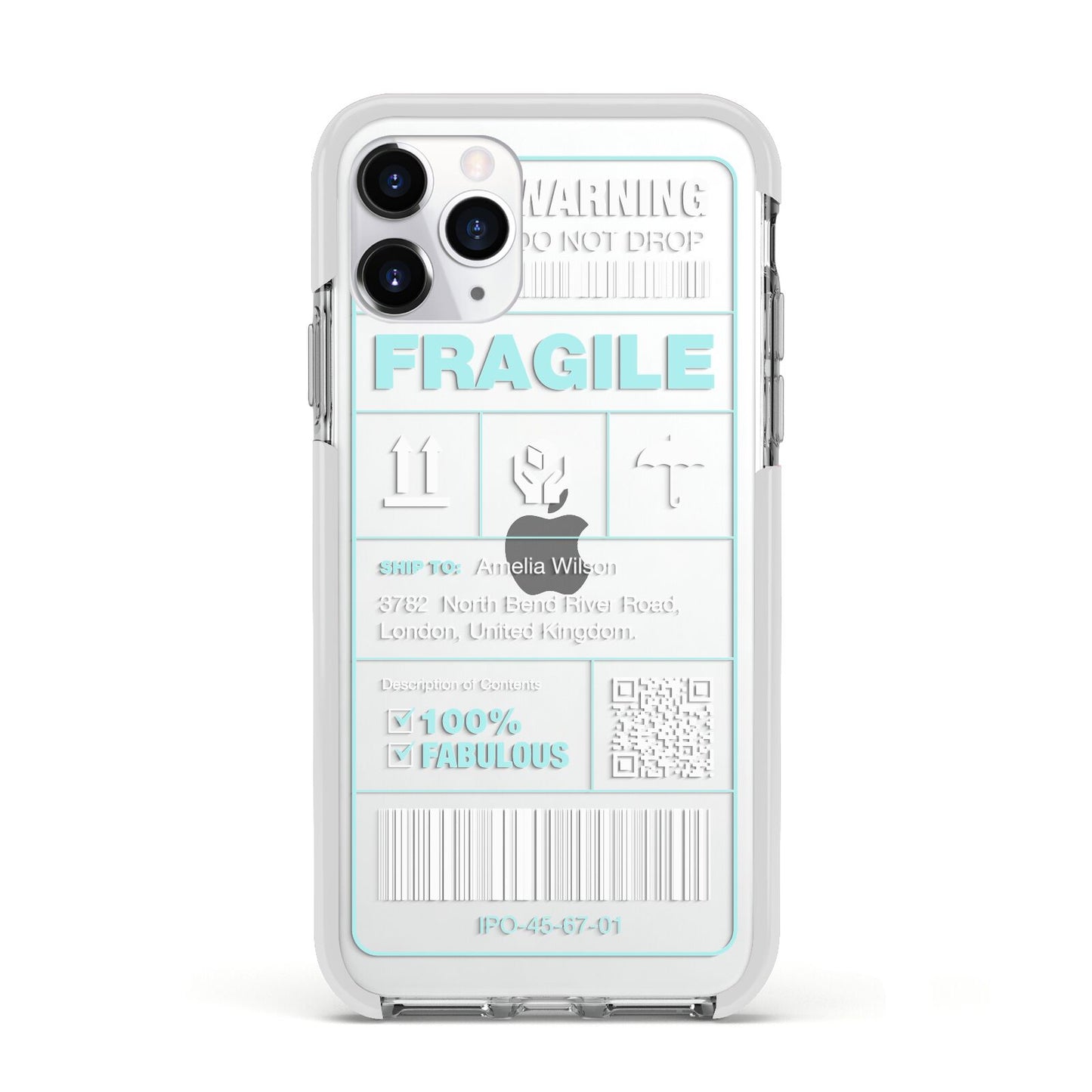 White and Blue Parcel Label with Name Apple iPhone 11 Pro in Silver with White Impact Case