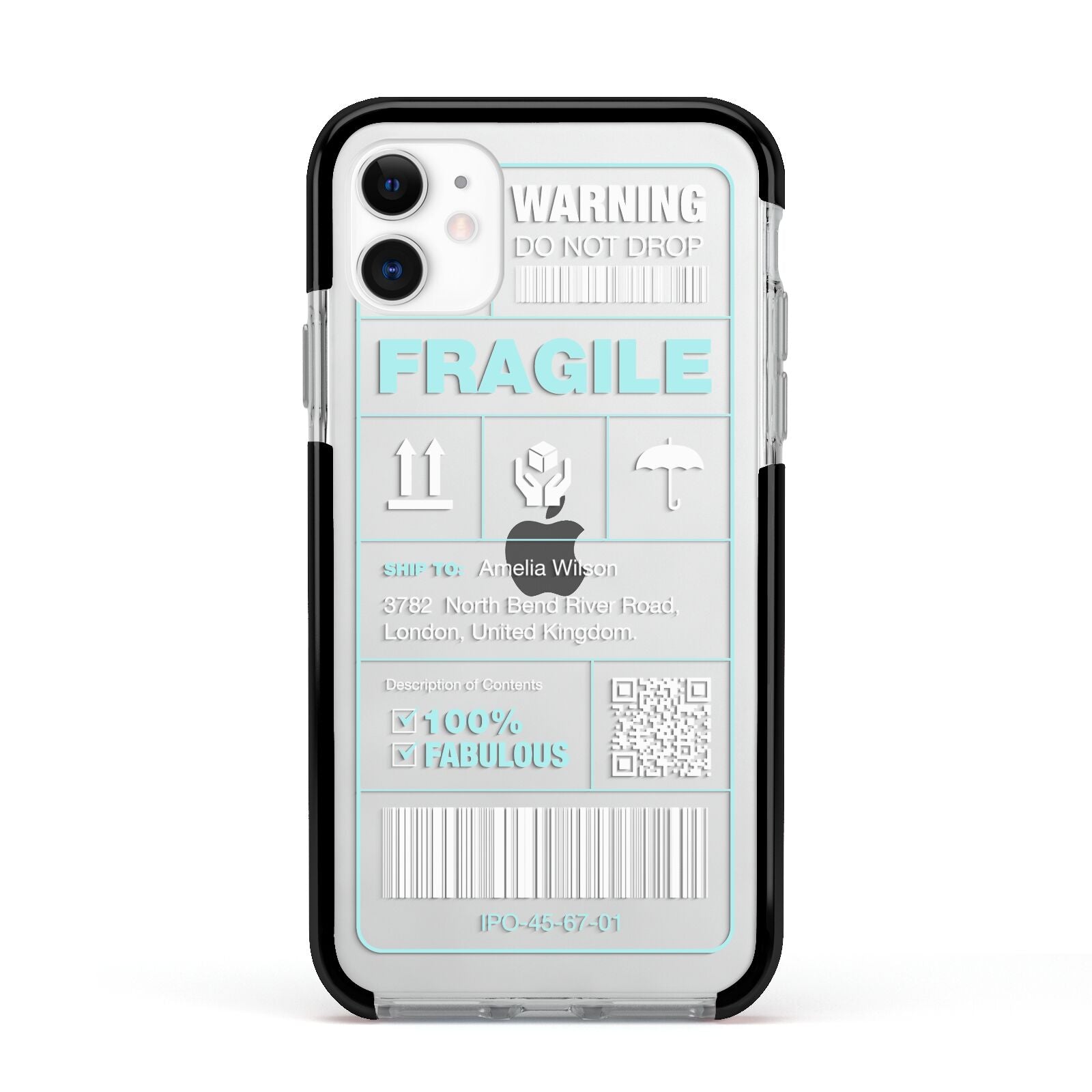 White and Blue Parcel Label with Name Apple iPhone 11 in White with Black Impact Case