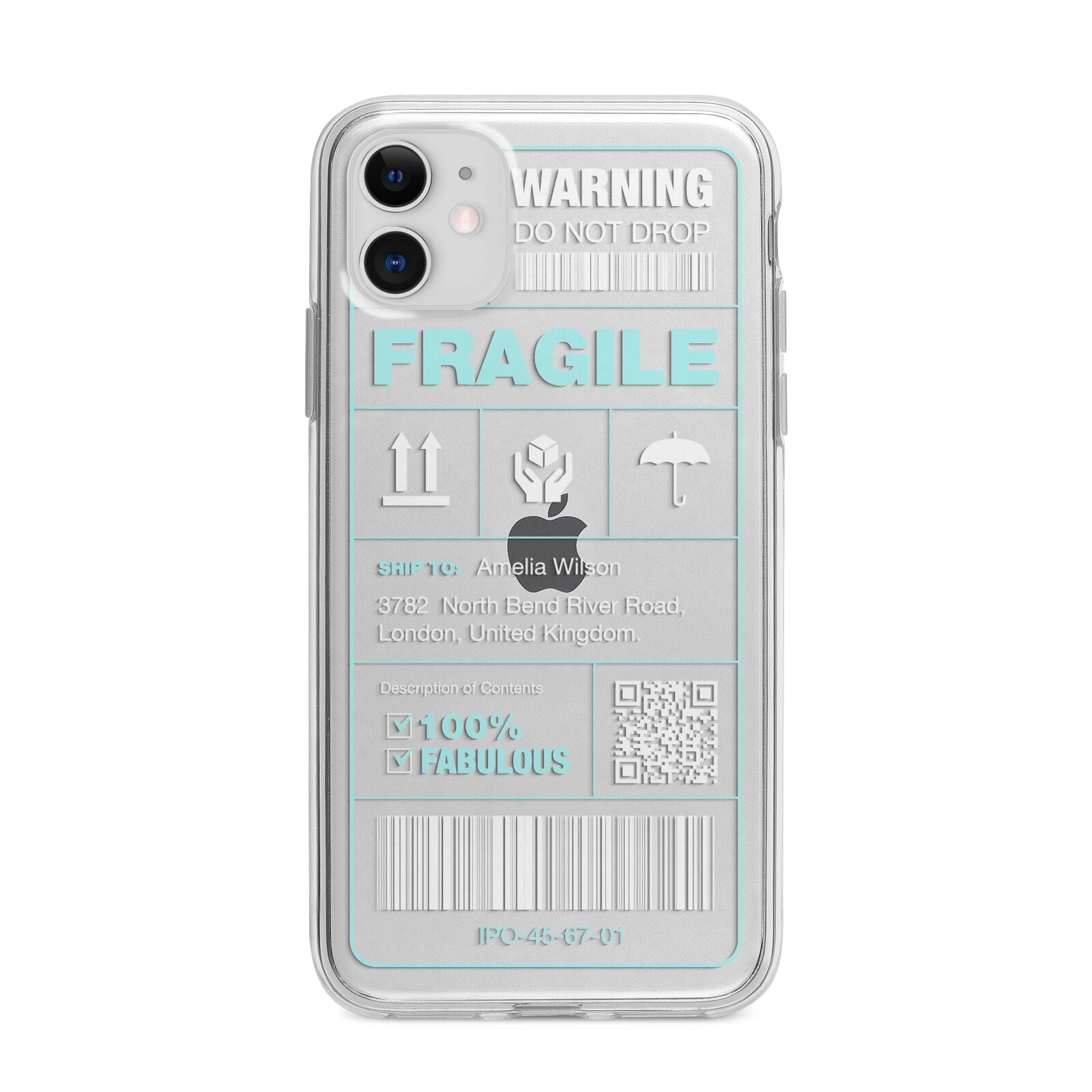 White and Blue Parcel Label with Name Apple iPhone 11 in White with Bumper Case