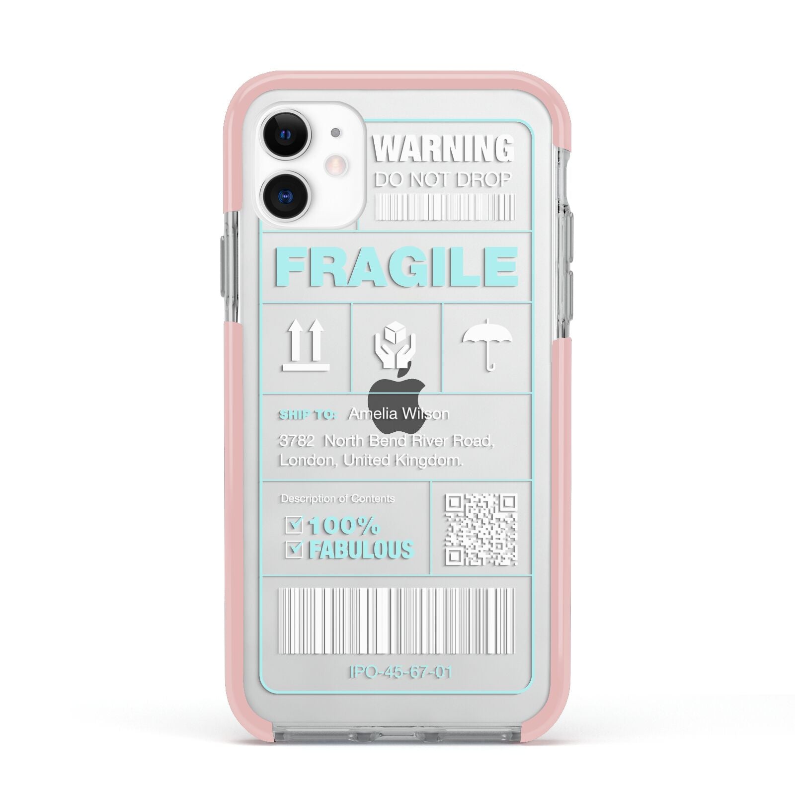 White and Blue Parcel Label with Name Apple iPhone 11 in White with Pink Impact Case