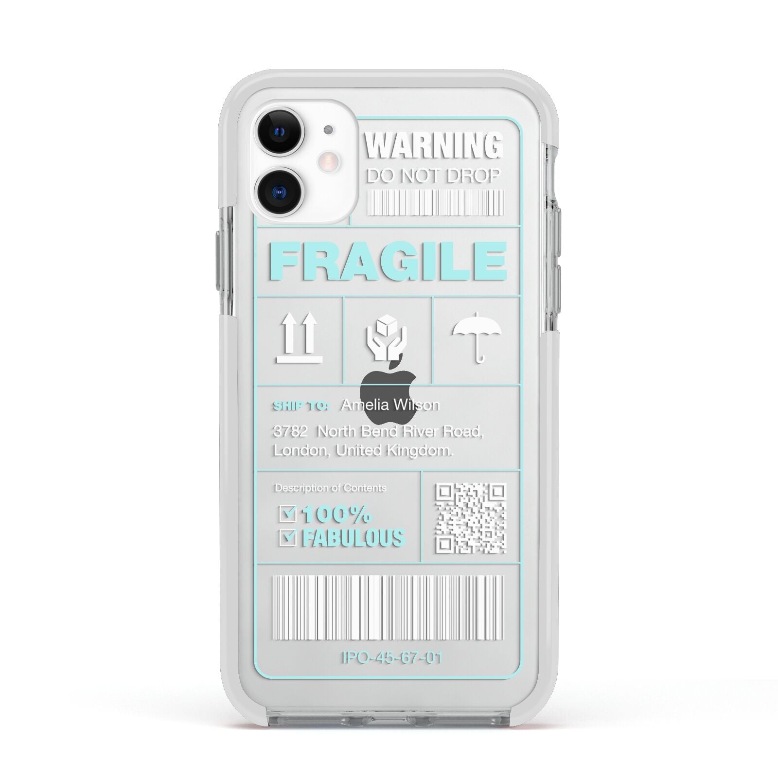 White and Blue Parcel Label with Name Apple iPhone 11 in White with White Impact Case