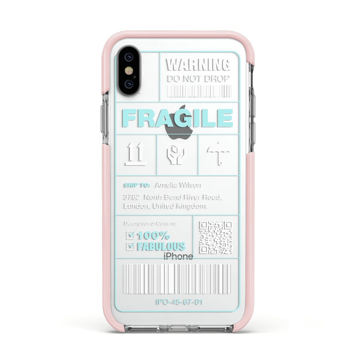 White and Blue Parcel Label with Name Apple iPhone Xs Impact Case Pink Edge on Silver Phone