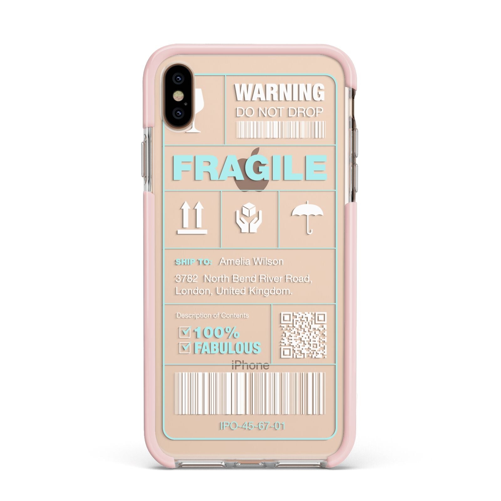 White and Blue Parcel Label with Name Apple iPhone Xs Max Impact Case Pink Edge on Gold Phone